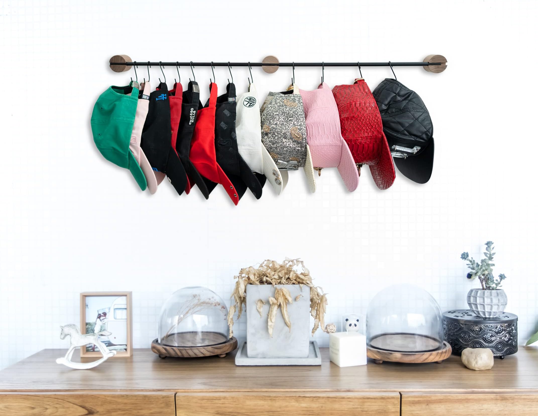 QsQueen Hat Rack for Wall Baseball Cap Organizer Hanger with 16 Hooks Modern Metal Hat Holder Wall-Mounted Caps Display for Closet Door Bedroom Entryroom Laundry (Matte Black/Rustic Walnut/Set of 2)