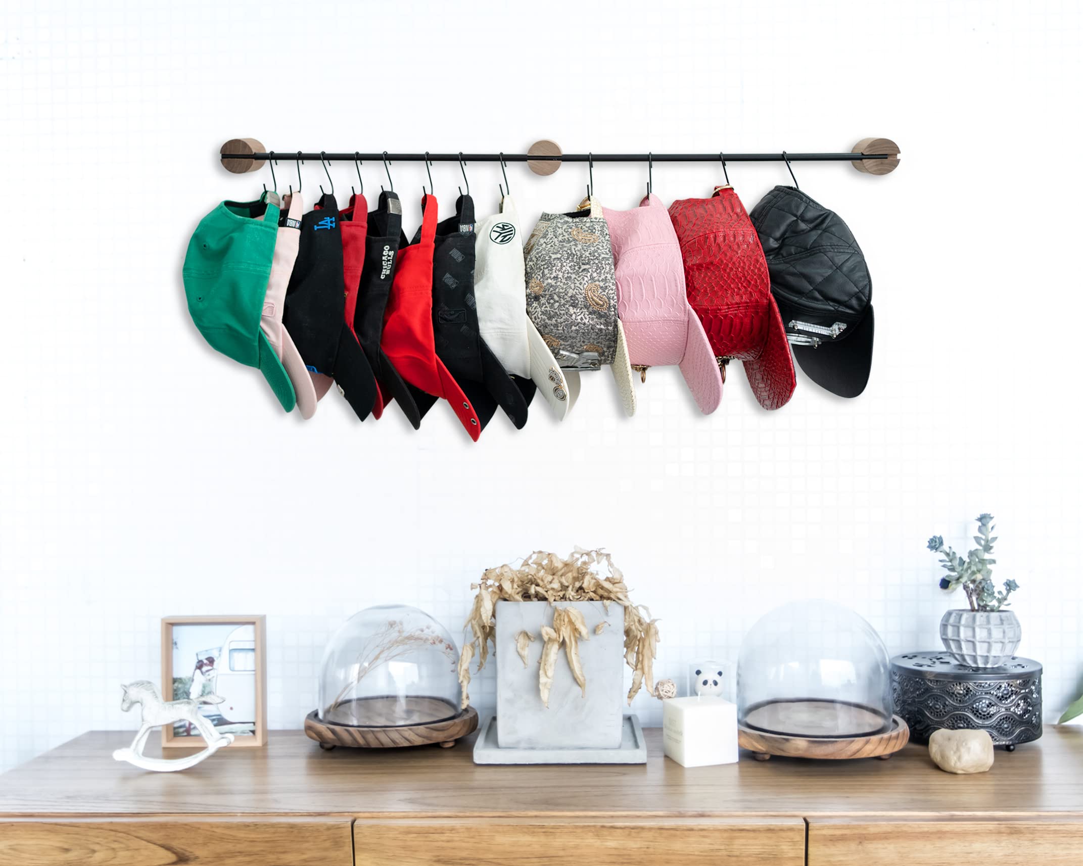 QsQueen Hat Rack for Wall Baseball Cap Organizer Hanger with 16 Hooks Modern Metal Hat Holder Wall-Mounted Caps Display for Closet Door Bedroom Entryroom Laundry (Matte Black/Rustic Walnut/Set of 2)