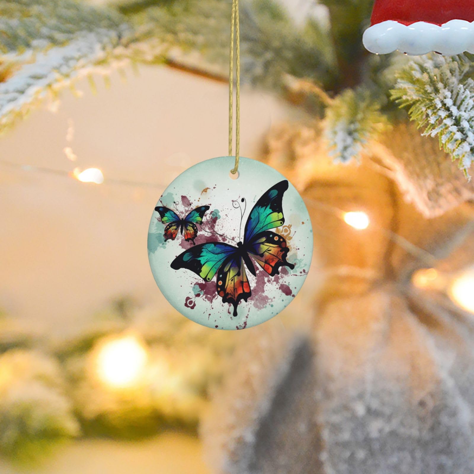 Christmas Ornaments for Christmas Tree Decoration Ceramic Hanging Artistic Butterfly Ornament with Gold Ribbon Crafts Round Pendant for Keepsake Gifts Glass Xmas Decor Party Supplies