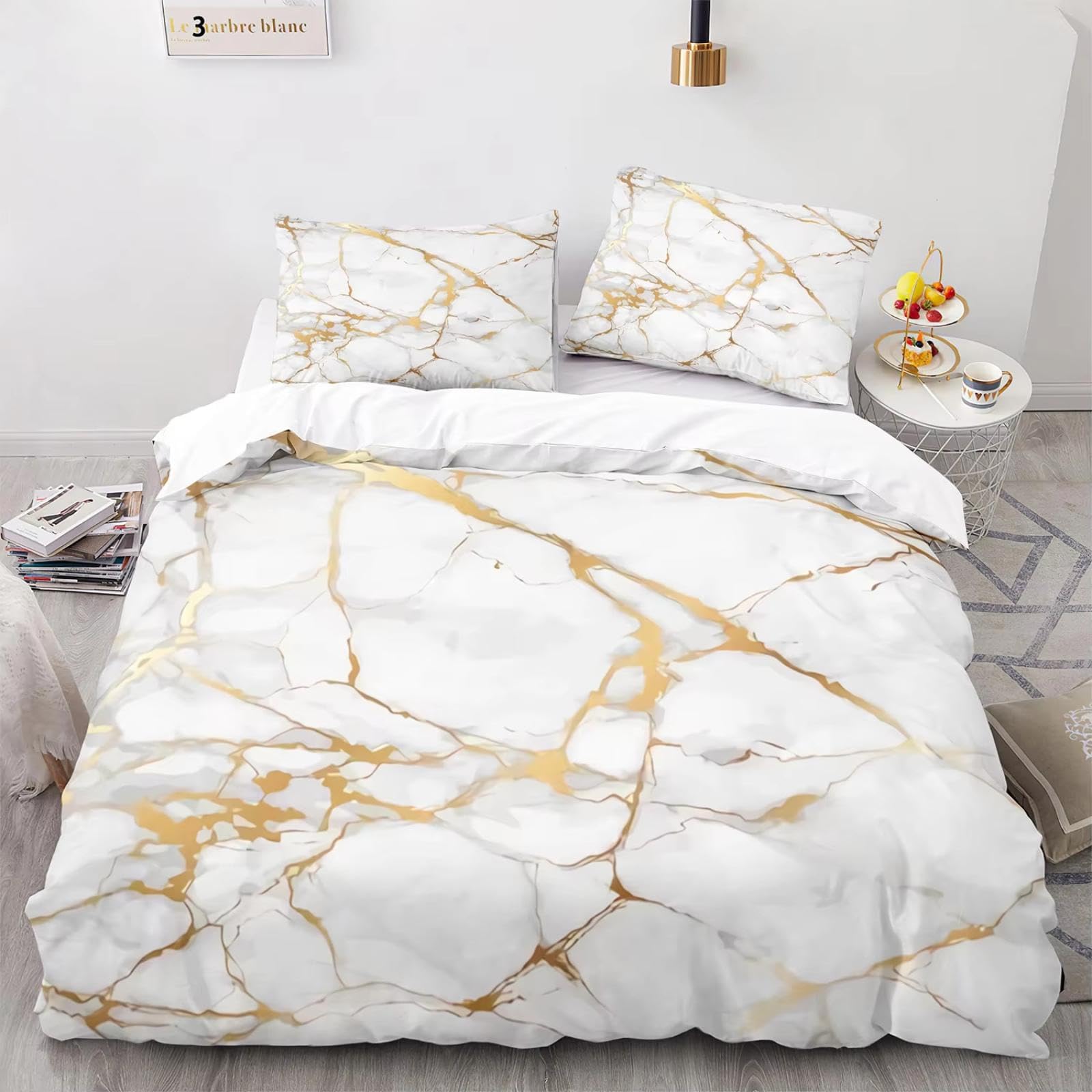 Abstract Marble Texture White Gold Bedding Set, Twin Queen Size Duvet Cover 3D Print Pillowcase Bed Kids Adult for All Seasons 160x200cm(63"x79")