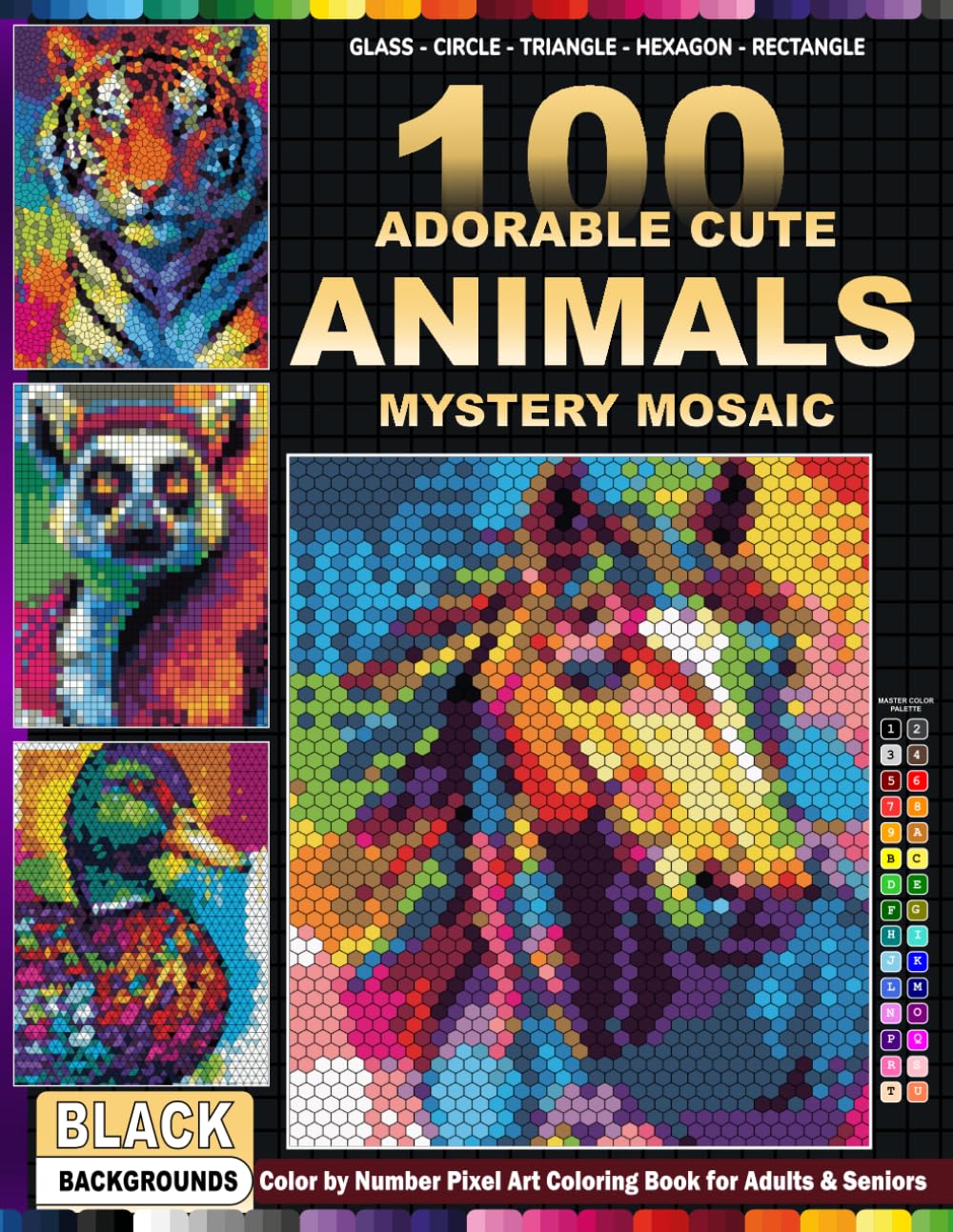 100 Adorable Cute Animals Mystery Mosaic: Black Background Mystery Mosaic Coloring Book with 5 Unique Shapes . Master Color Palette Included | Color ... Pixel Art Coloring Book for Adults and Senio