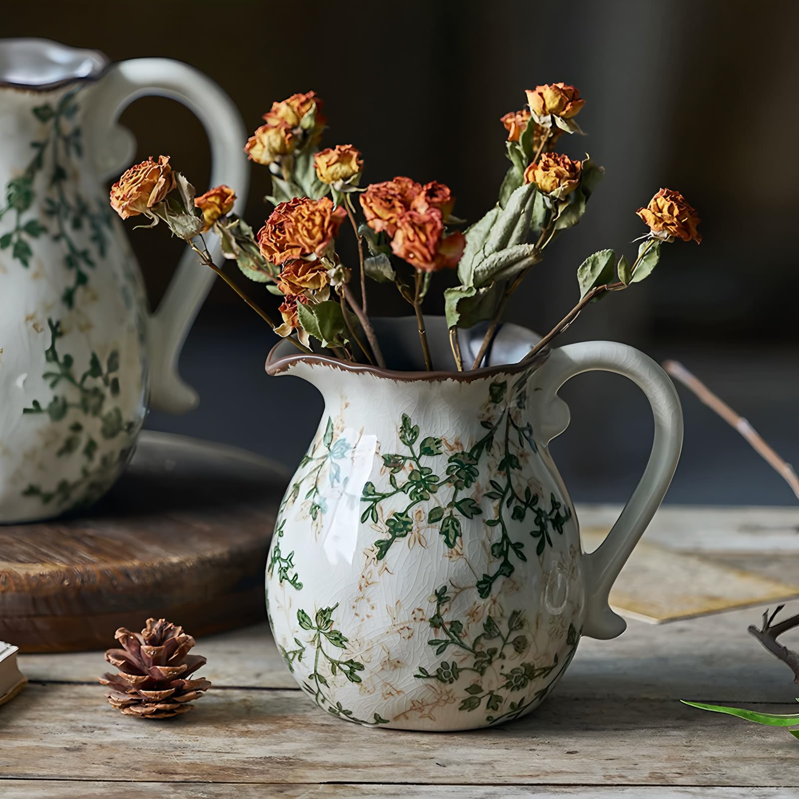 Bloemenvaas, keramiek decoratie, betonlook, vaas met rank decoratie 13cm H17cm
