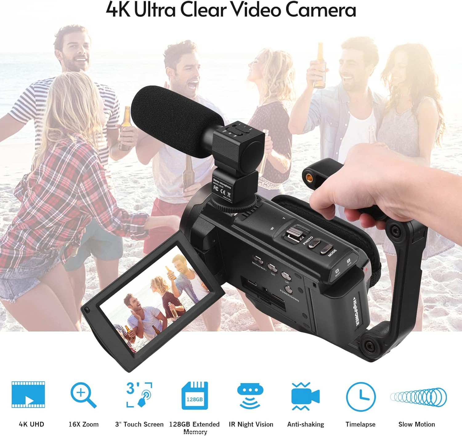 Close-up of the Andoer camcorder with the external stereo microphone attached, illustrating its position and connection.