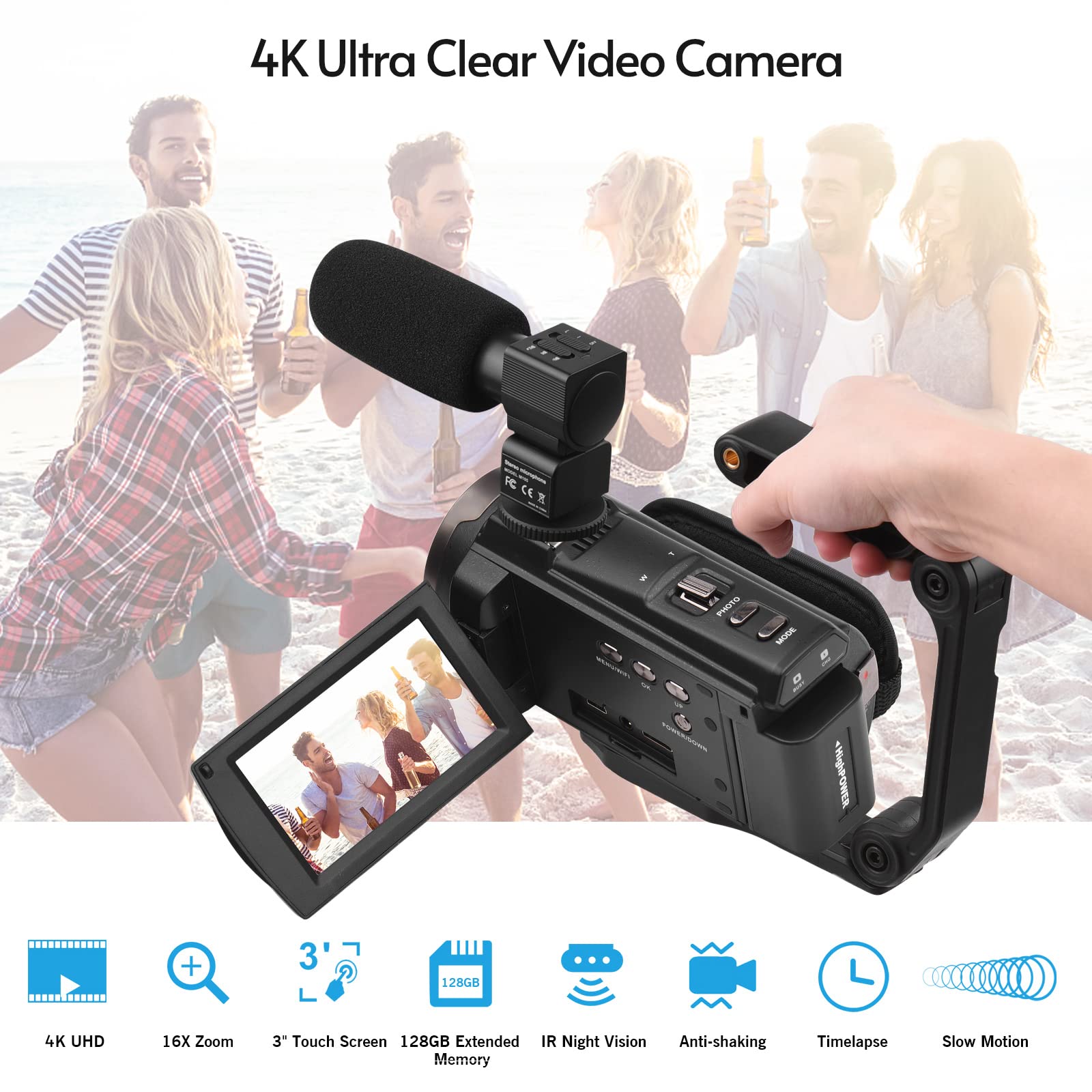 Andoer Videocamera 4K 48MP 60FPS WiFi Camcorder 16X Digital Zoom, 3" IPS Touch Screen IR visione notturna Vlogging Camera con microfono, telecomando, 2 batterie, obiettivo fotocamera, maniglia