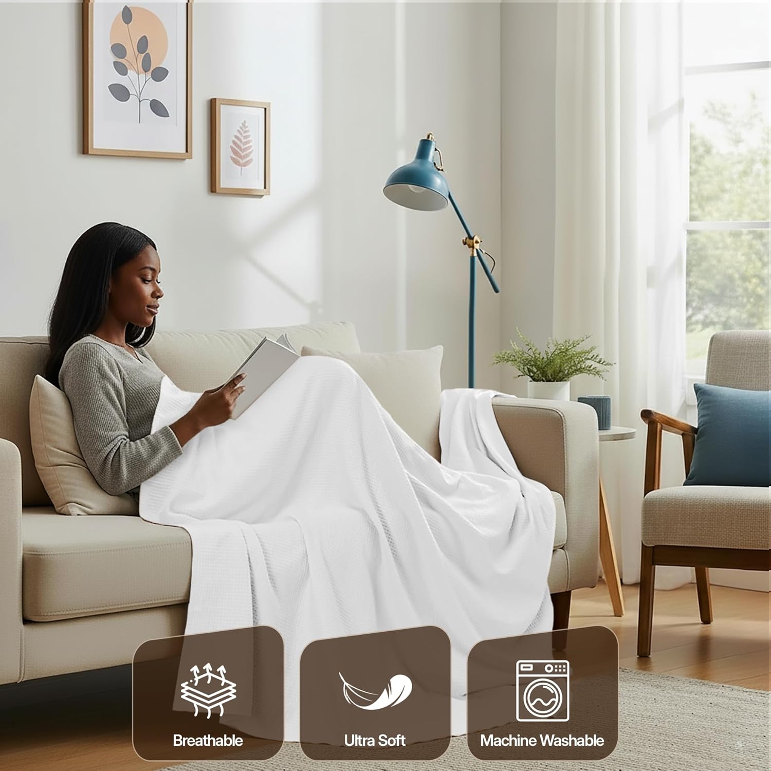 Utopia Bedding White Waffle Blanket Queen Size Soft Lightweight Breathable Cotton Blend Bed Blanket for All Seasons Luxury Throws for Bed Couch and Sofa - Image 4