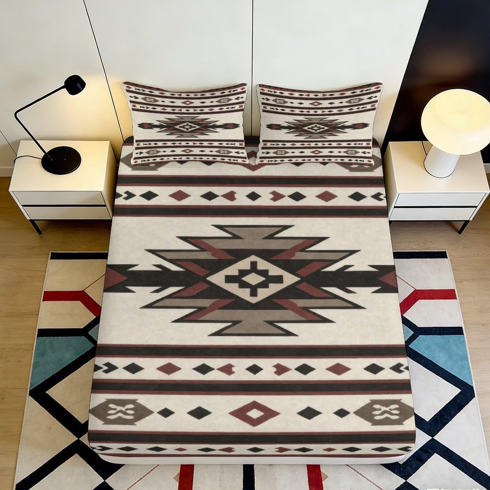 3D Printed Aztec Tribal Fitted Sheet Microfiber Soft Breathable Geometric Southwest Bed Cover for Bedroom Dorm Mattress Protection Decor 90x200x25cm