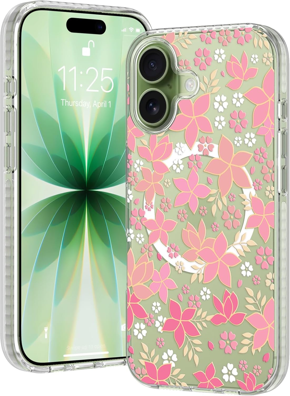 tharlet Magnetic for iPhone 17 Pro Max Case (6.9”) – Clear Bumper Cover with Pink Primrose Floral Design [MagSafe Compatible] [10FT MIL-Grade Drop Protection] Camera Protection