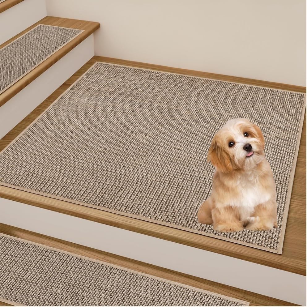 Non Slip Liner Stair Treads Matching Mat for Wooden Steps, 30"x30" Square Stair Landing Rug with Rubber Backing, Washable Indoor Safety Stair Landing Mat for Kids Elders Dogs, Beige