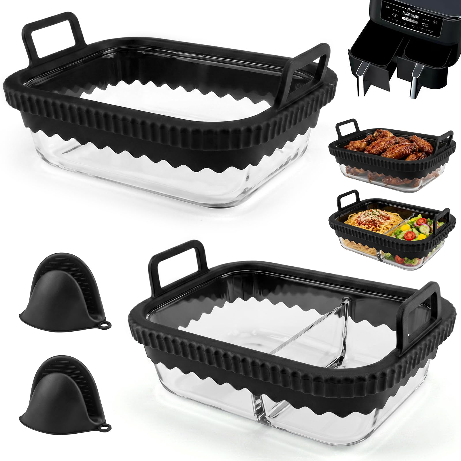 Recipiente Air Fryer de Vidrio para Ninja AF400EU, Recipiente Cristal Air Fryer Con Mango de Silicona, Reutilizables Accesorios Airfryer, Resistente Accesorios Freidora De aire