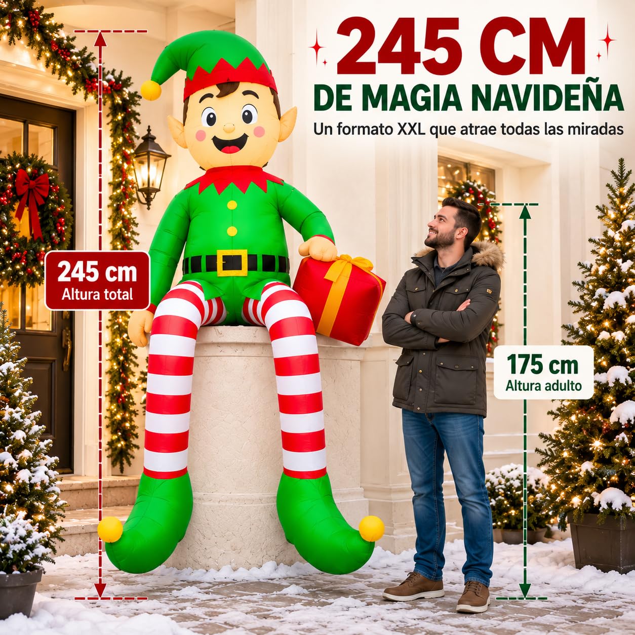 Elfo Gonfiabile Natale 245 cm con LED, Decorazione Esterno e Interno
