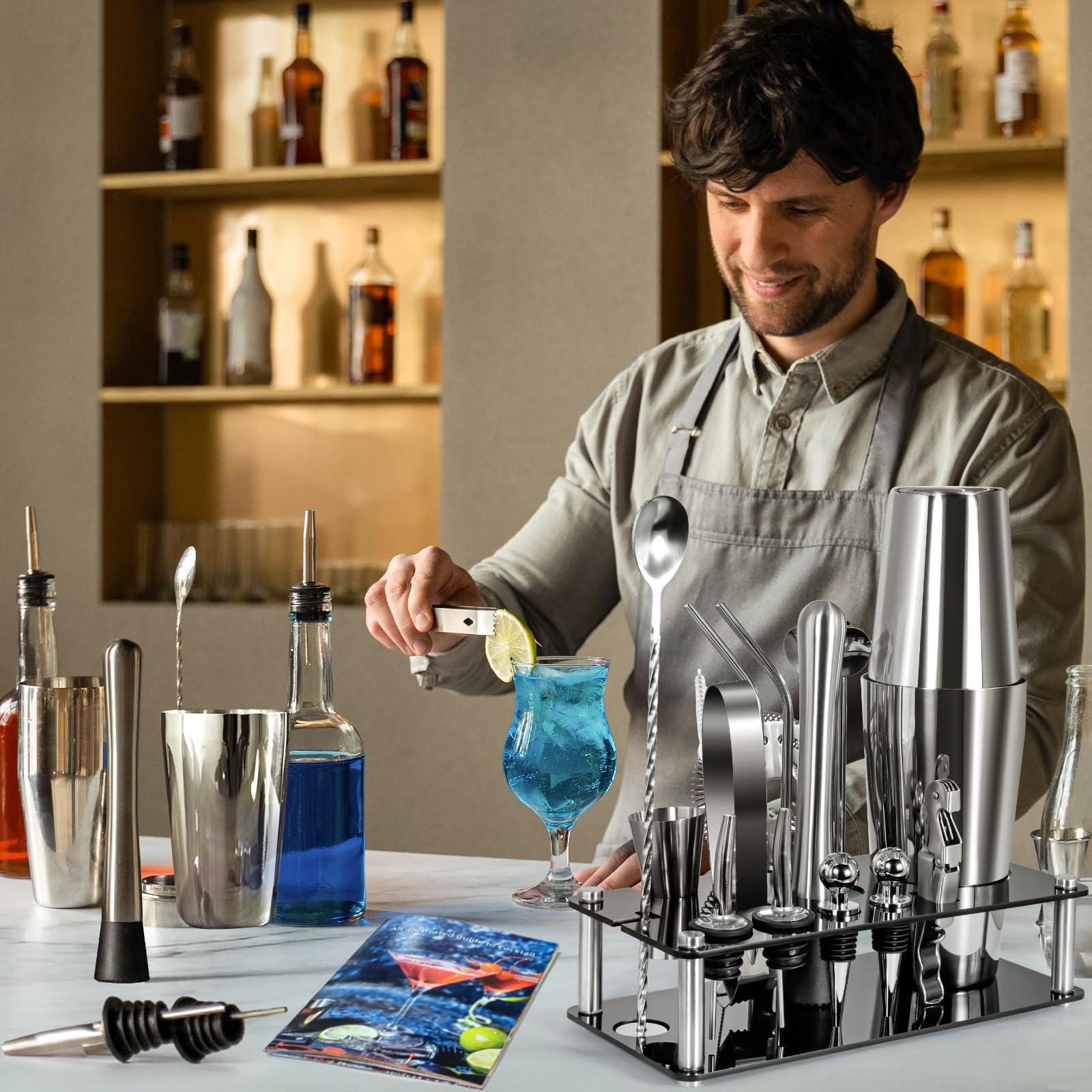 Juego de 18 cocteleras de acero inoxidable, coctelera esencial para fiestas con soporte y libro de recetas