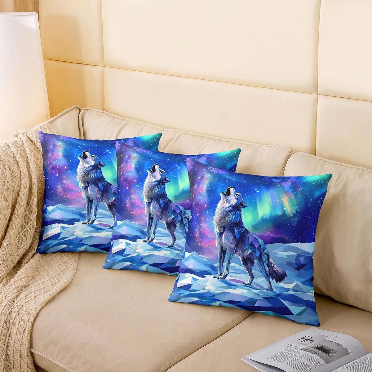 Erosebridal Wolf Cushion Covers,Aurora Starry Sky Stars Galaxy Decorative Accent Pillow Cases,Natural Iceberg Pillow Covers,Wildlife Safari Animals Print Throw Pillow Covers Set of 2,Blue,22X22 Inch