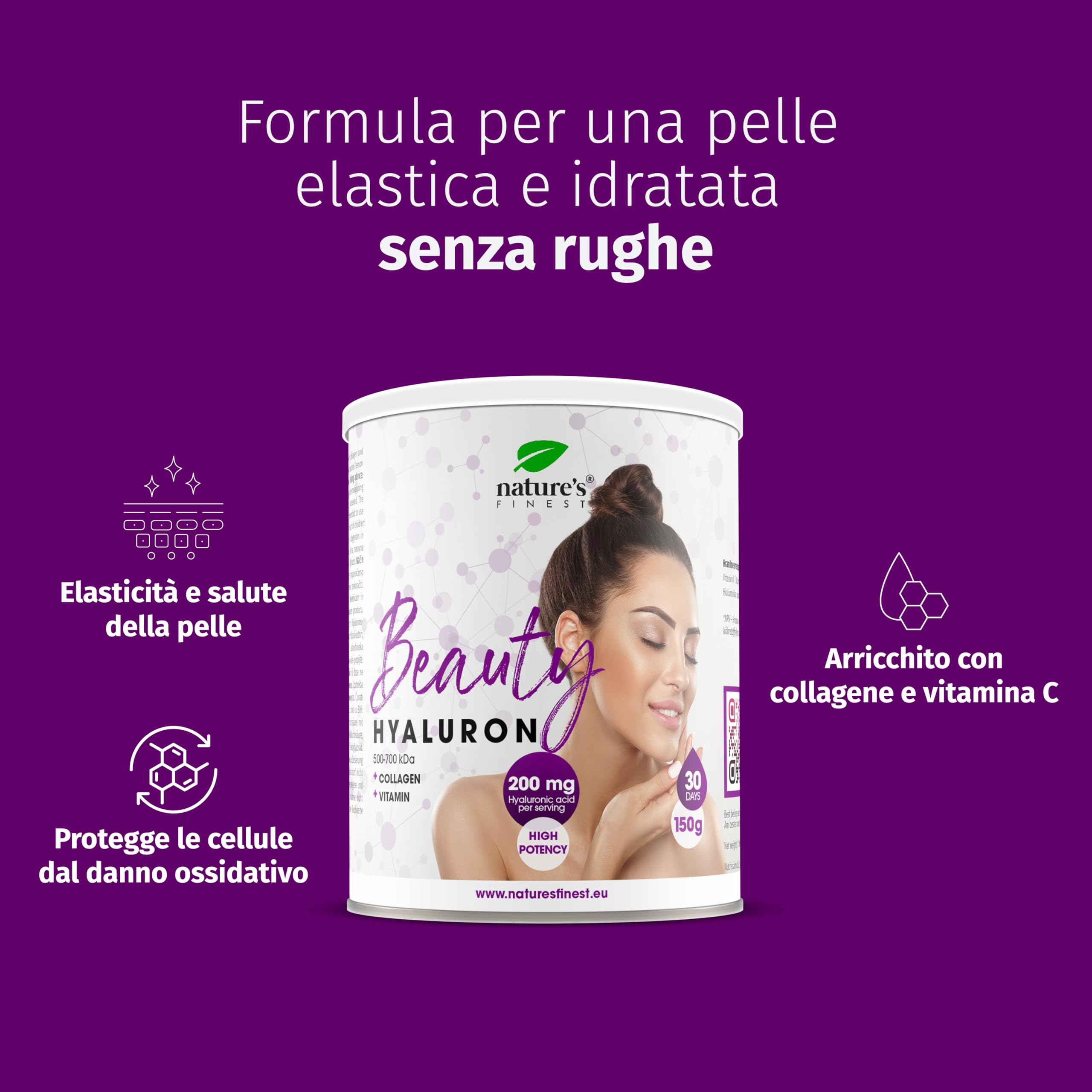Nature's Finest Beauty Hyaluron - Collagene con Acido Ialuronico 200mg per Dose - Collagene Premium Complex e Vitamina C, Integratori per Pelle Flaccida, Capelli e Unghie