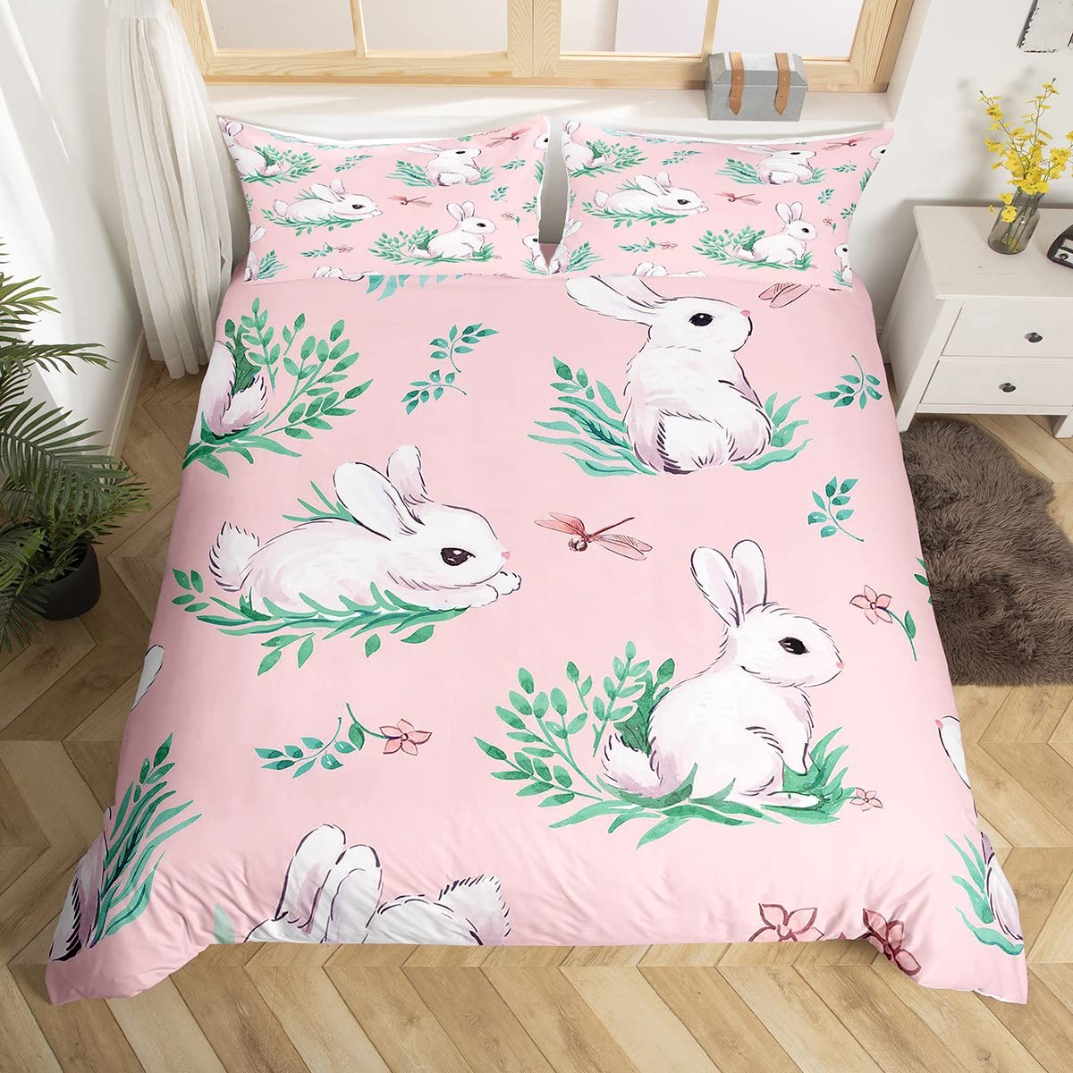 Lindo juego de funda de edredón de conejo de dibujos animados libélula funda de edredón para niños y niñas, ramas de conejo, juego de cama de 3 piezas de color rosa