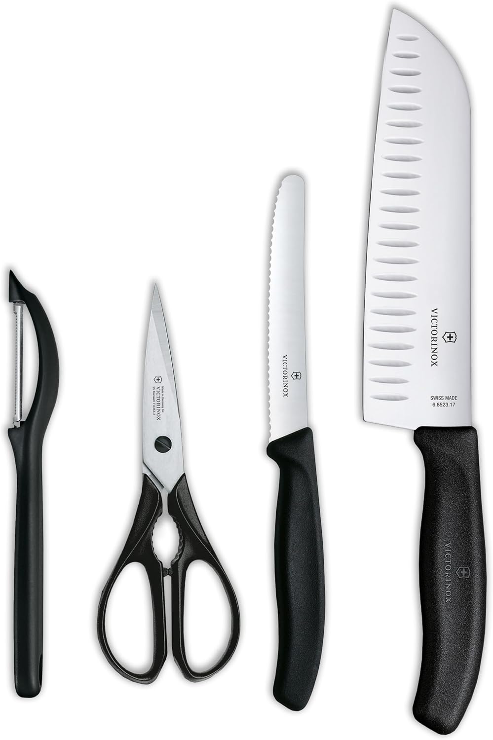 Victorinox Swiss Classic 4 Piece Kitchen Set with Kitchen Knife, Paring Knife, Kitchen Shears and Universal Peeler (Black), Multiple
