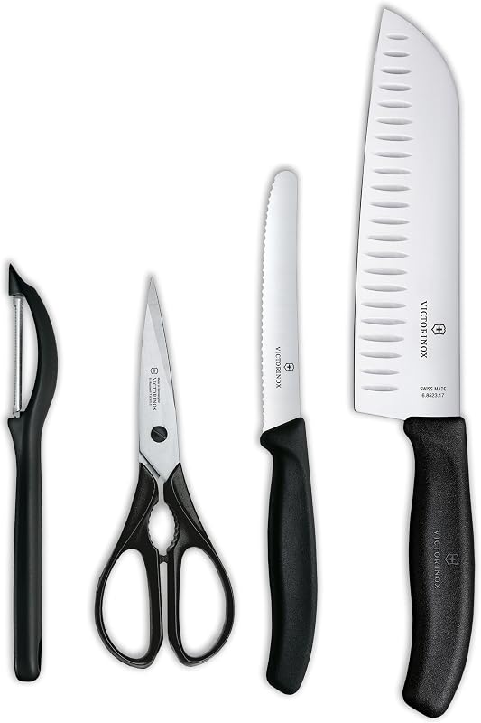 Swiss Classic Juego de cocina de 4 piezas con cuchillo de cocina, cuchillo pelador, tijeras de cocina y pelador universal (negro), varios