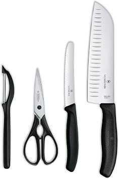 Victorinox Swiss Classic 4 Piece Kitchen Set with Kitchen Knife, Paring Knife, Kitchen Shears and Universal Peeler Black, Multiple