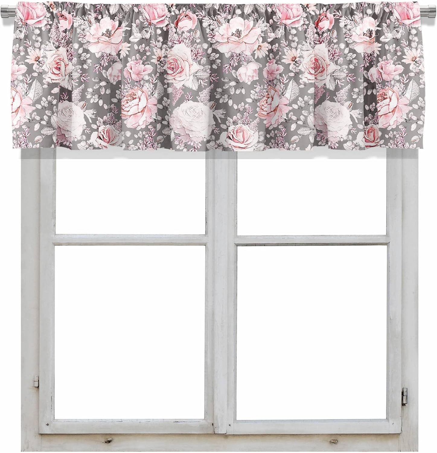 Healbrighting Blackout Pink Flowers and Leaves on Gray Rod Pocket Short Window Curtain Valance for Kitchen Bedroom Decor, 52" x 18", Pink and Grey, 2 Panels