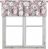 Vista 9 de Cenefa de cortina corta opaca con bolsillo para barra, diseño de flores rosadas y hojas en gris, para decoración de cocina, dormitorio, 52 x 18