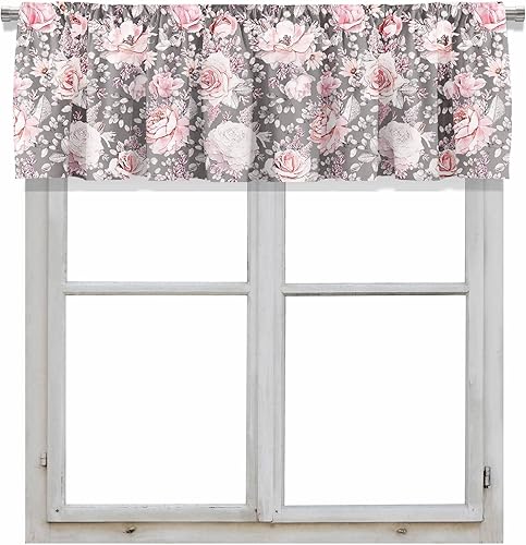 Miniatura 9 de Cenefa de cortina corta opaca con bolsillo para barra, diseño de flores rosadas y hojas en gris, para decoración de cocina, dormitorio, 52 x 18