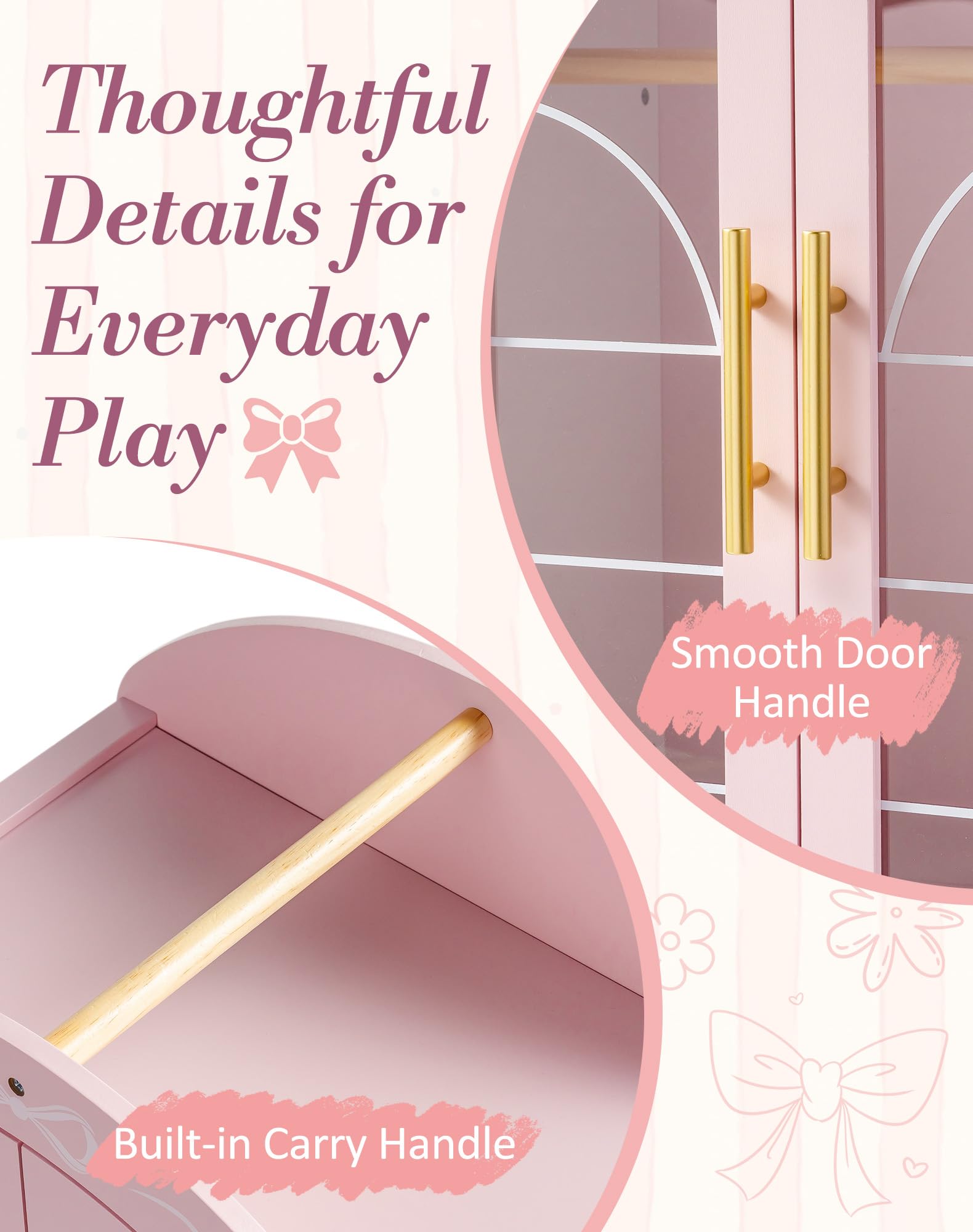 ROBOTIME Holz Puppenschrank für 43-45cm Puppen, Kleiderschrank mit Spiegel & Kleiderbügel, Holz Puppenmöbel mit Klaren Doppeltüren, Ballet Fairy Serie – Rosa