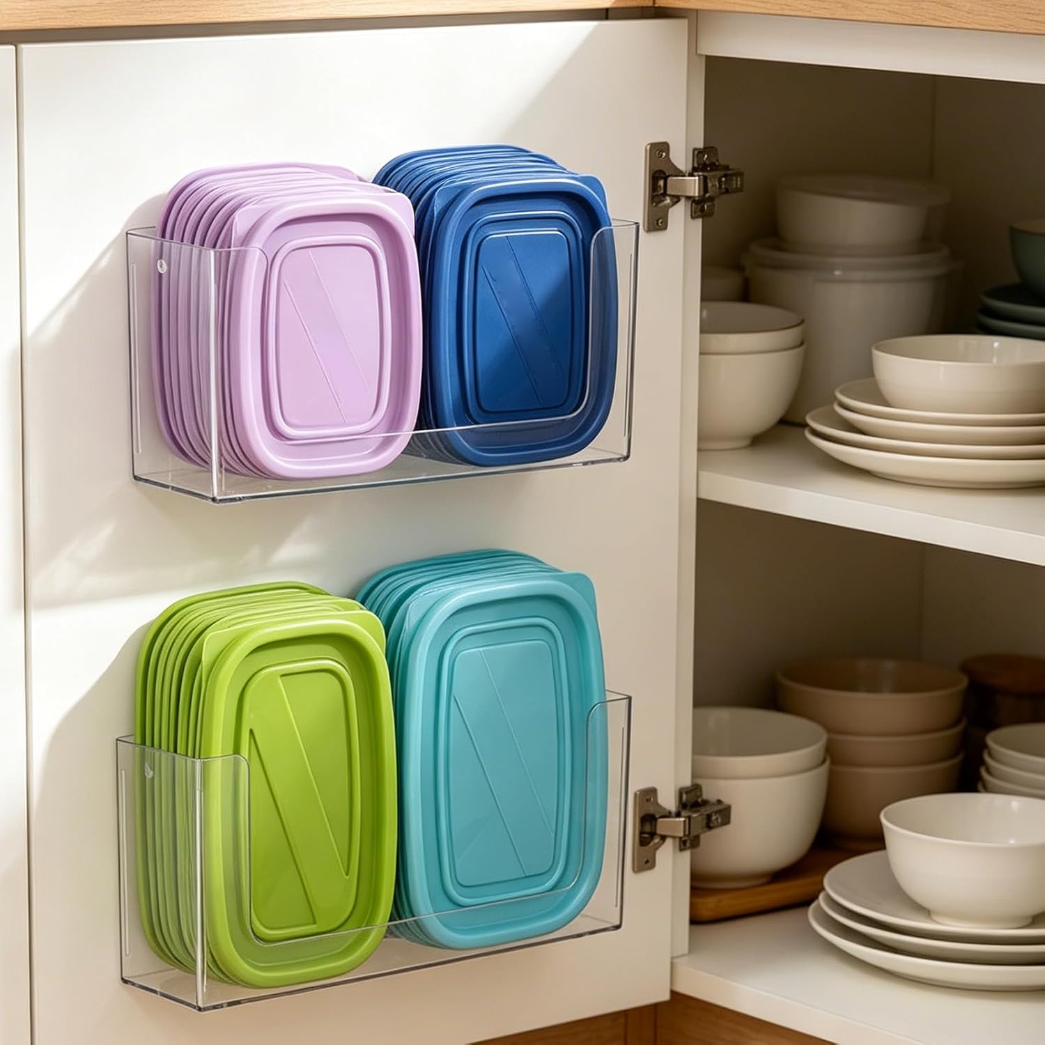 Rainmae 2 Pack Cabinet Door Organizer, Lid Organizer Inside Cabinet Wall Mounted Plastic Storage Box Stackable Under Sink Lunchbox Lid Container for Kitchen Bathroom Office Organization