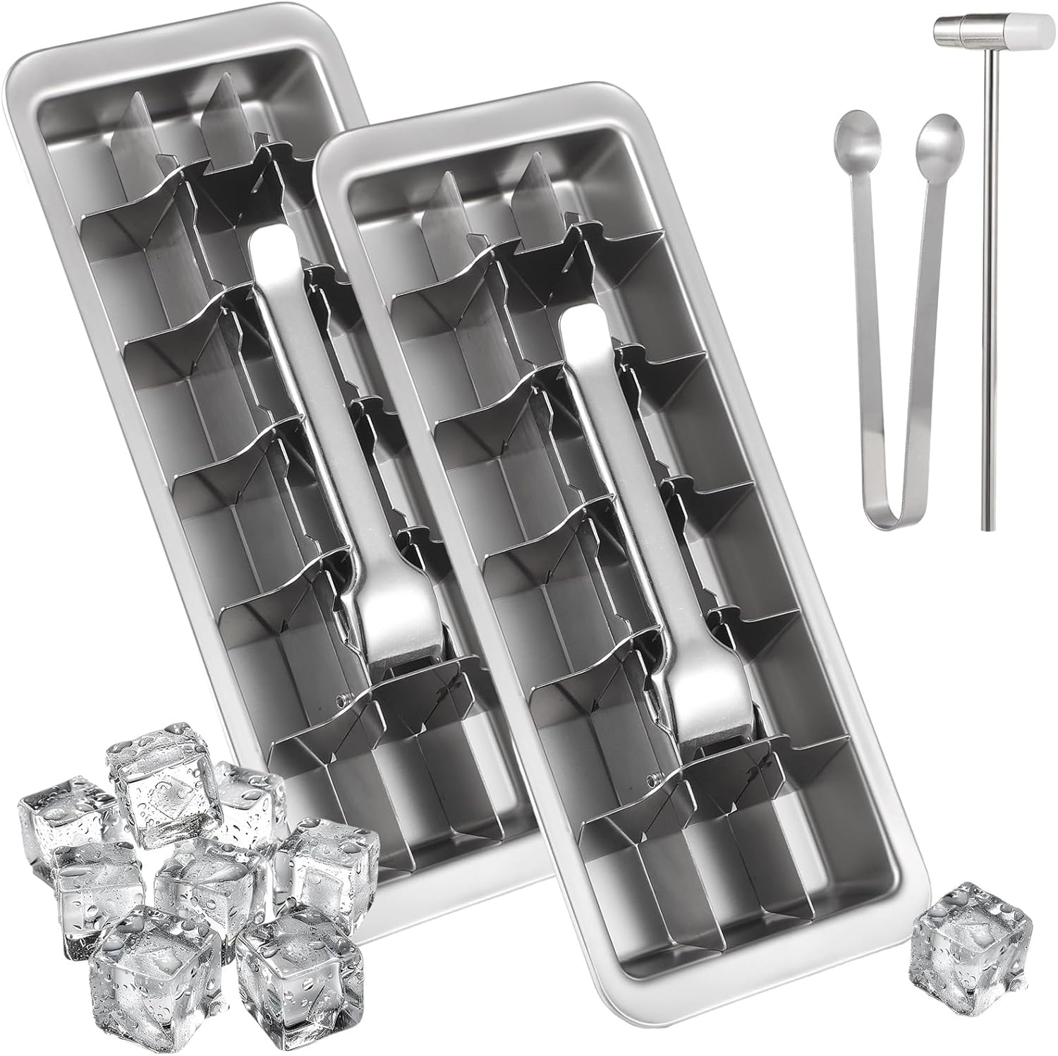 yeesport 2 PCS Ice Cube Trays Set with Ice Tongs and Hammers, Quick Release Ice Trays with Handle, Stainless Steel Ice Trays for Freezer, Quality Metal Ice Mold for Home Kitchen