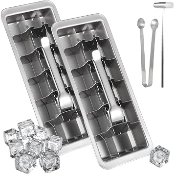 yeesport 2 Stainless Steel Ice Cube Trays with Hammer & Tongs for Freezer | Quick-release handle; compact 6.5in ice hammer; 304 stainless steel; space-saving; for home kitchen and bar use
