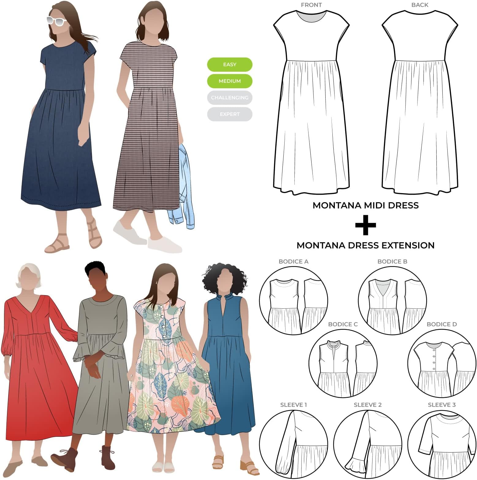 Style Arc Sewing Pattern - Montana Midi Dress Plus Extension Pack Bundle (Sizes 10-22)