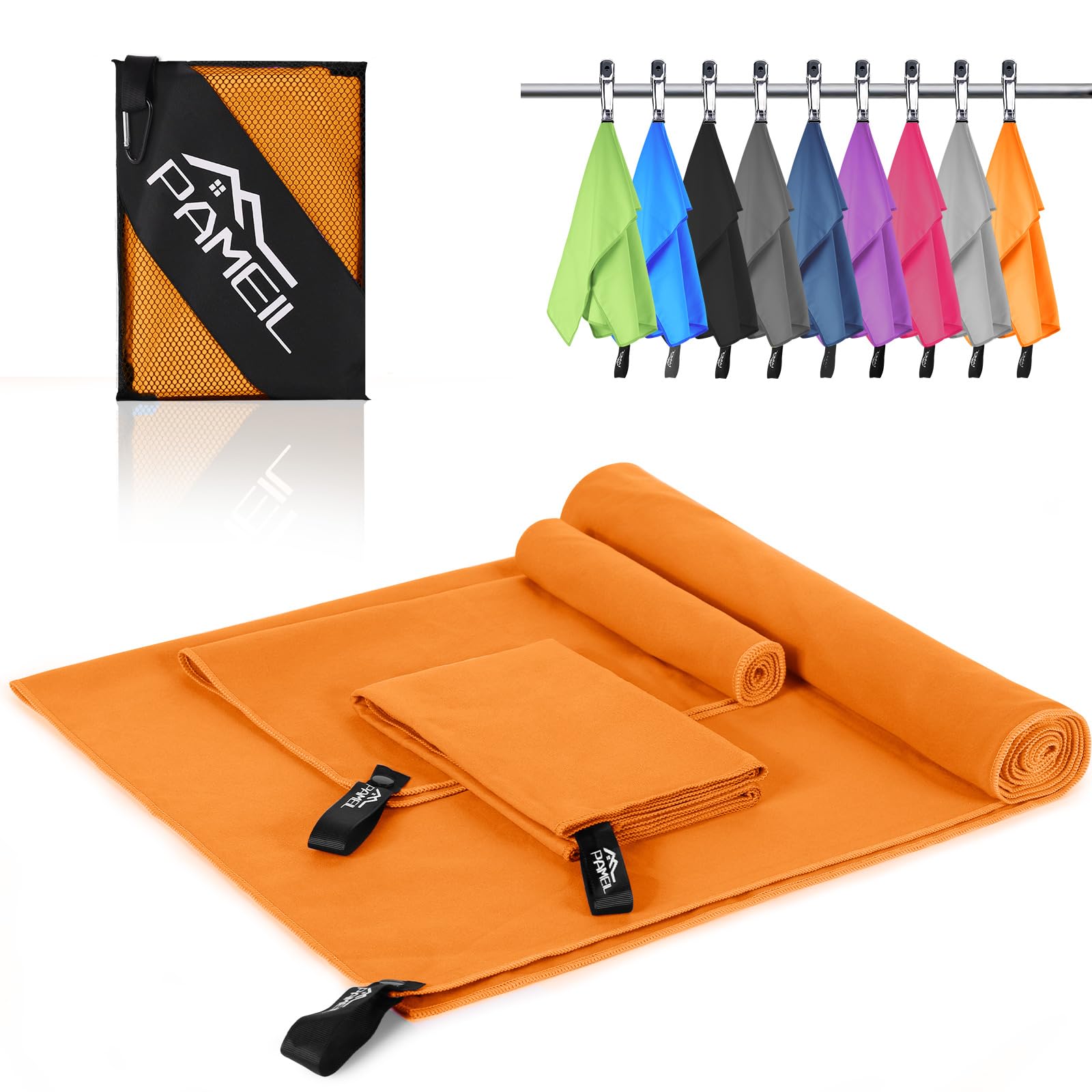 Pameil Microfibre Towel,3 Set(80 x 40cm x2 +160 x 80cm) Large Microfibre,Quick Dry Towel,Gym Workout Travel Swimming Beach Camp Outdoor Hiking (Orange)