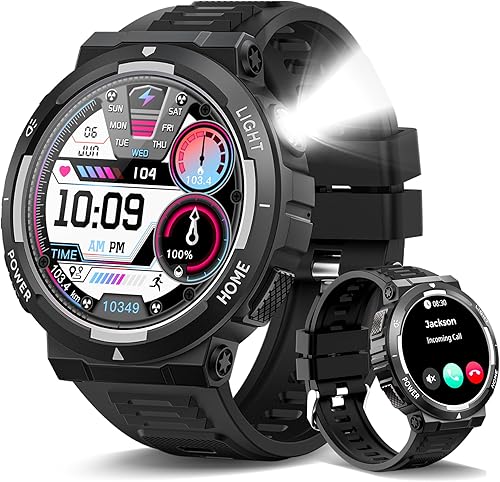 Reloj inteligente militar para hombre (respuesta/hacer llamadas), reloj inteligente resistente con linterna LED, resistente al agua de 3 ATM,
