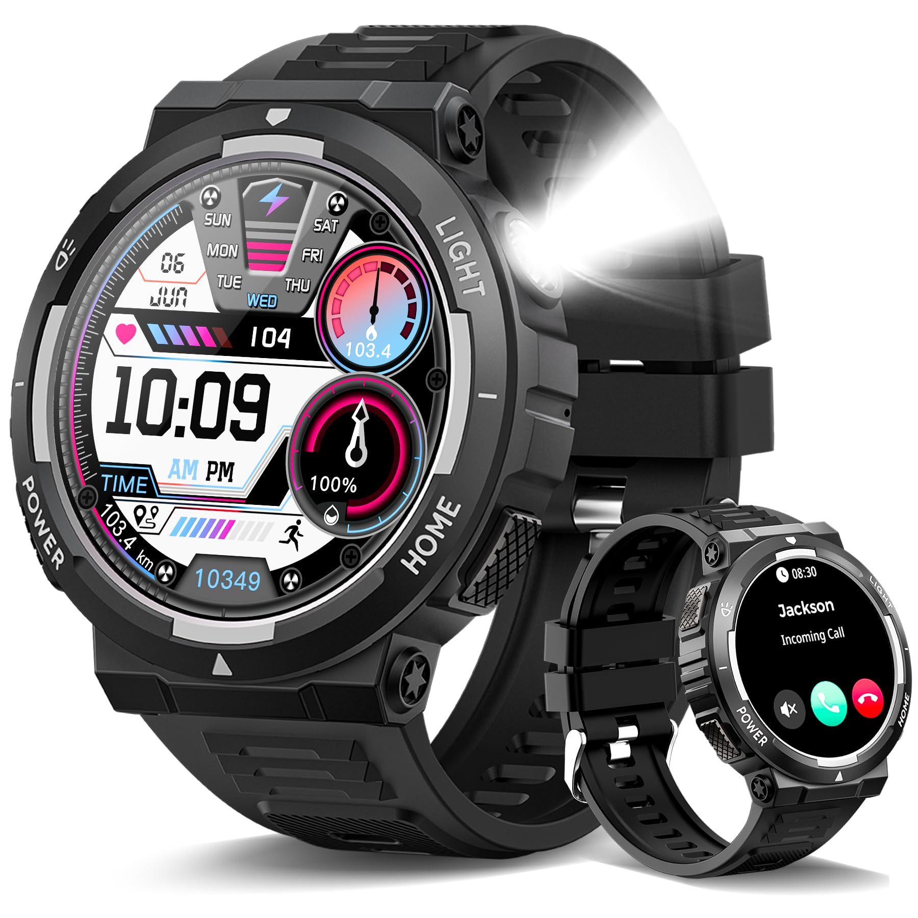 Military Smart Watch for Men(Answer/Make Call), Rugged Smartwatch with LED Flashlight/3ATM Waterproof/400mAh Battery/100+ Sports Modes/Heart Rate/Sleep Monitor, Fitness Tracker for iOS Android