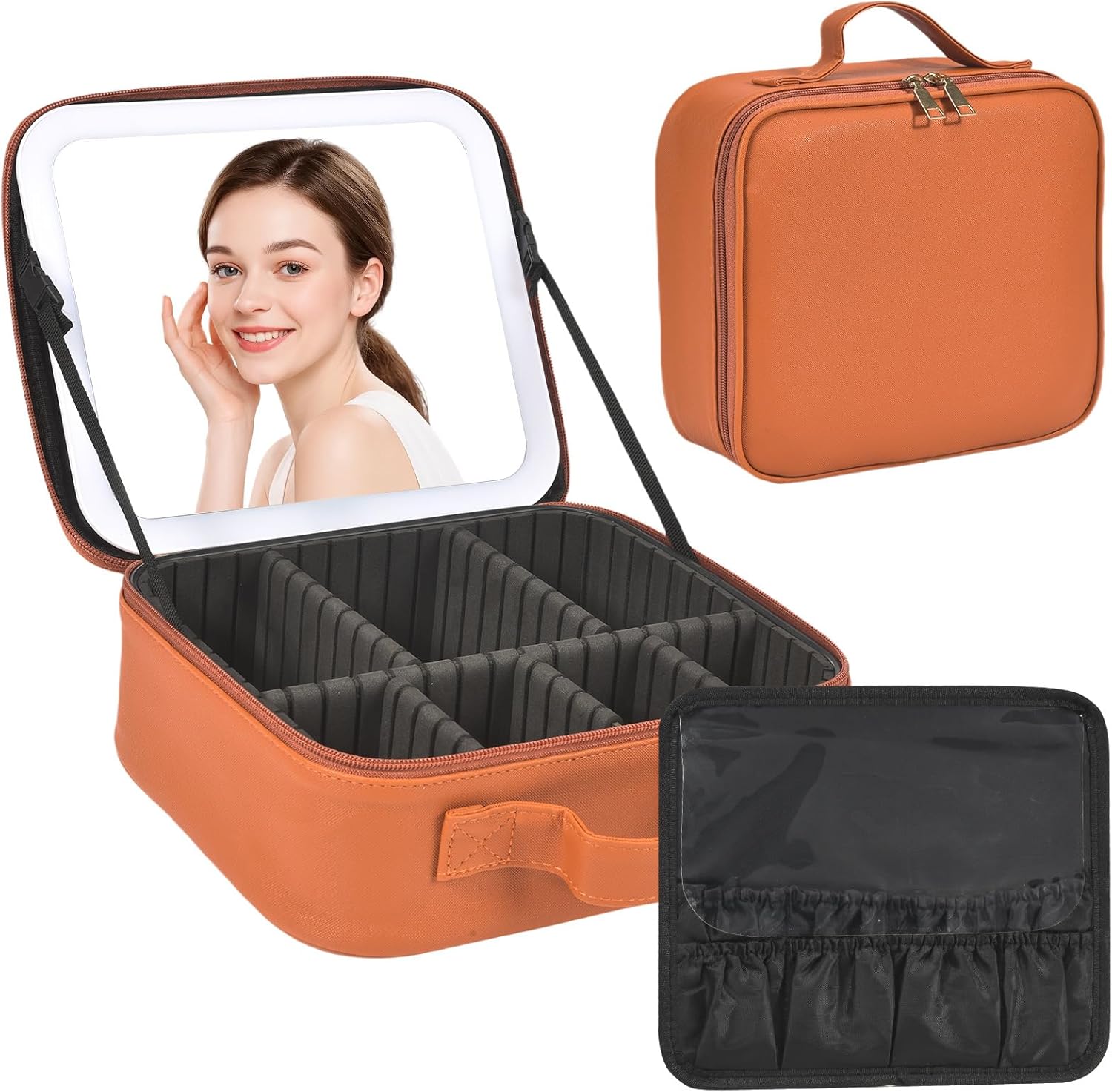 Travel Makeup Bag, Portable Makeup Case with LED Mirror, Removable Mirror with 3 Color Modes, 8 Adjustable EVA Dividers for Brushes Toiletry Jewelry Digital Accessories, Off White
