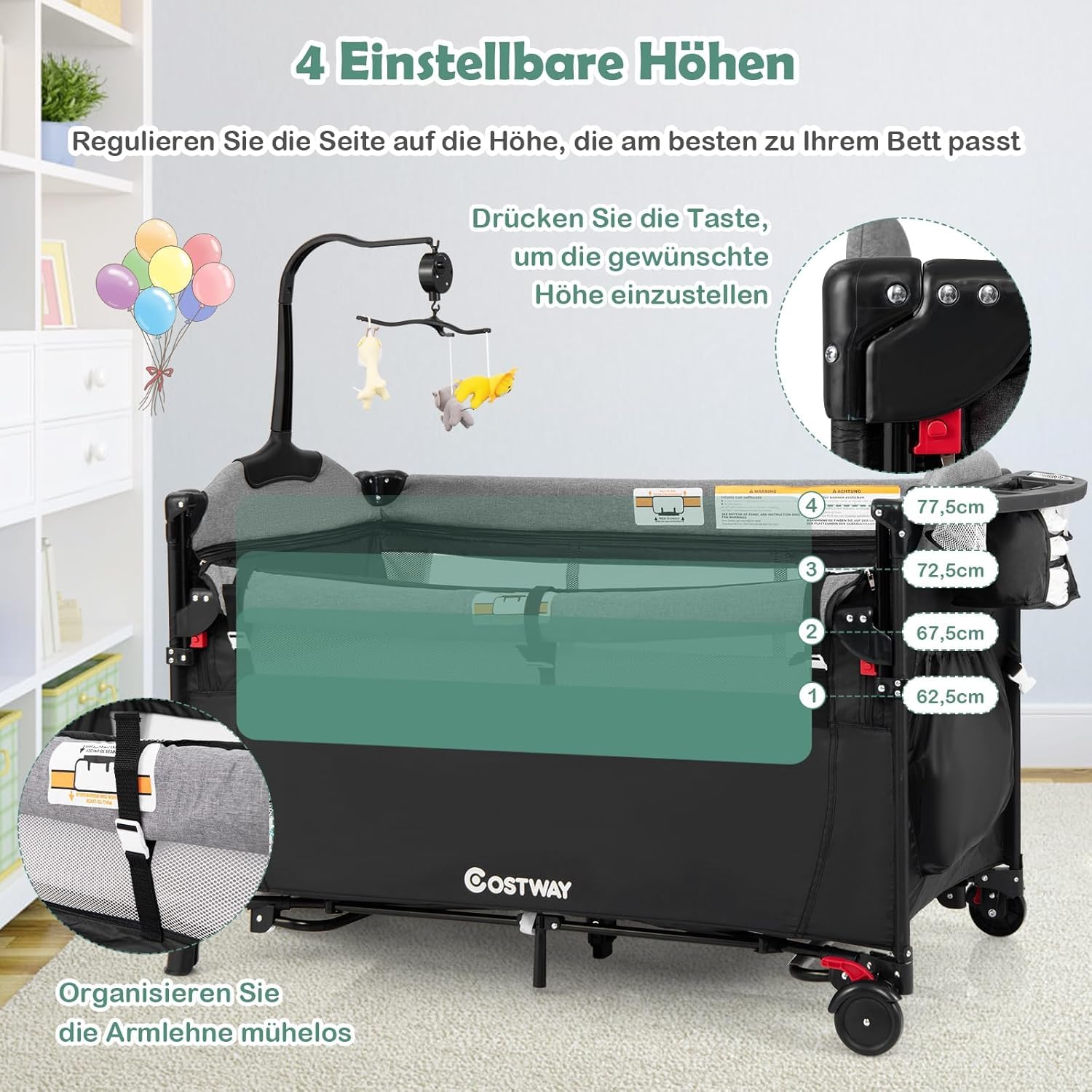 FANTASK 5-in-1 Babybett 120 x 60 cm, faltbares Beistellbett mobil 4-stufig verstellbar für Baby bis 15 kg