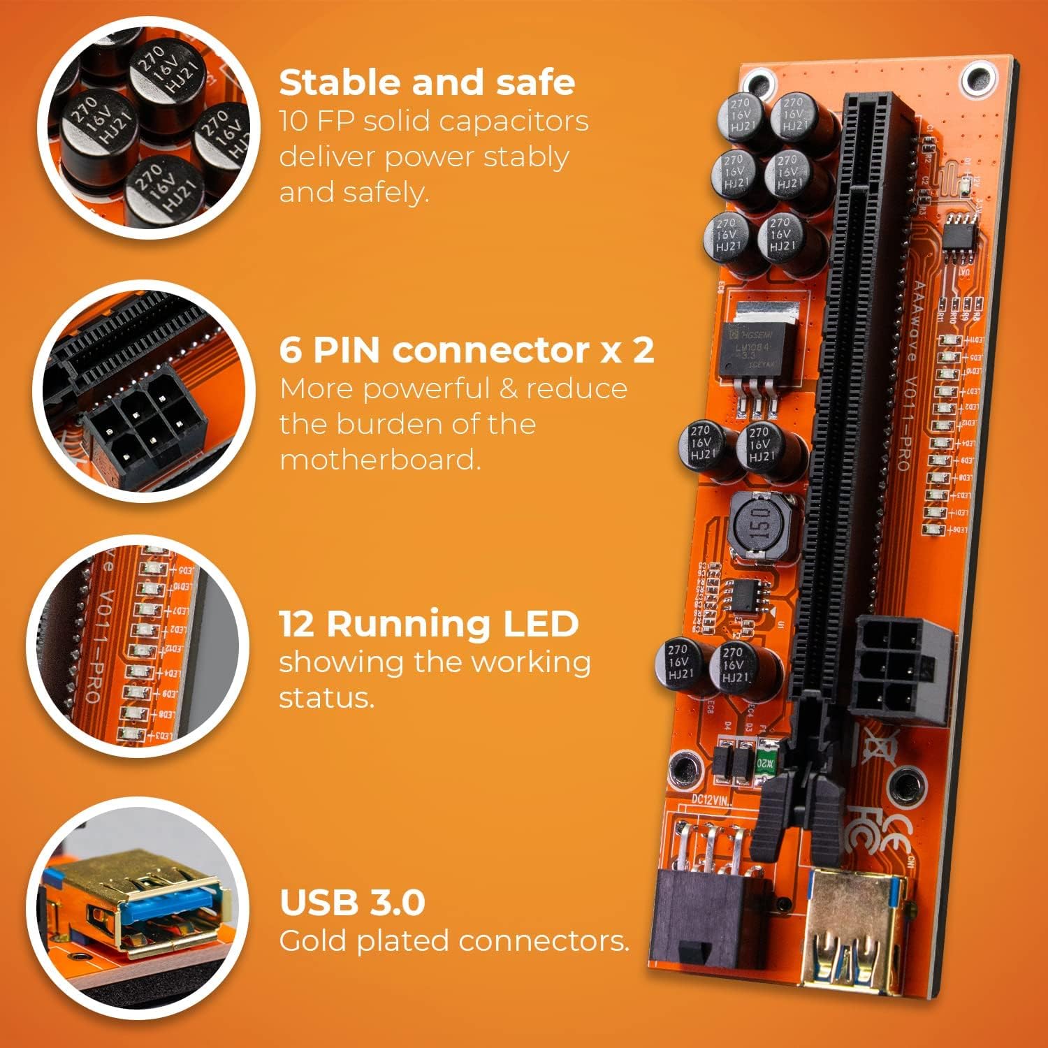 PCIE Riser VER 011 PRO 1x to 16x Graphic Extension for GPU Mining 60cm USB 3.0 Cable, 10 Solid Capacitors, 12 Led Lights, 2X 6PIN and 2 Power Options (Pack of 6)