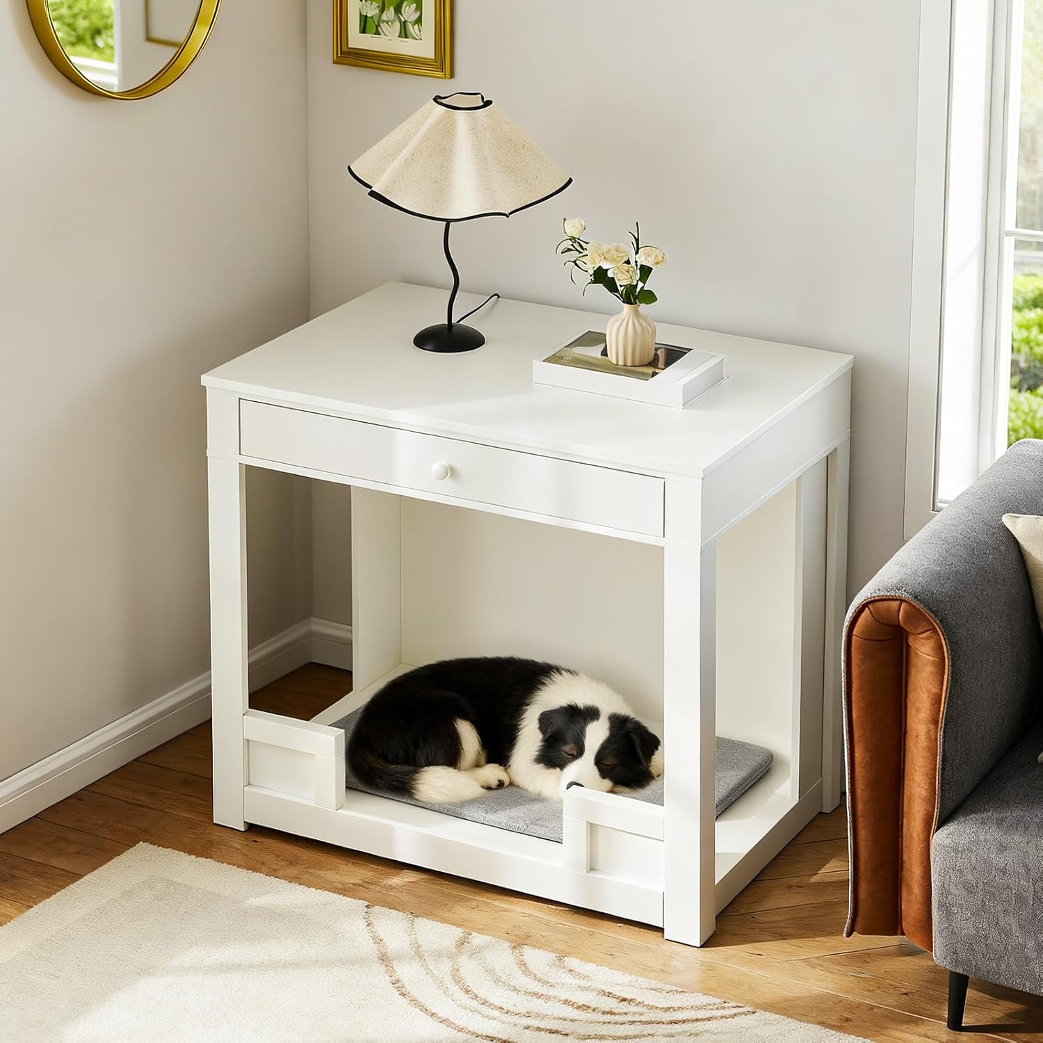 CLIPOP Indoor Decorative Dog Kennel Furniture Without Door, Dog House Furniture with Drawer, 35.8 x 24 x 31.5 Inch Multi-Functional Stylish Pet House Side End Table TV Stand (Without Pad)