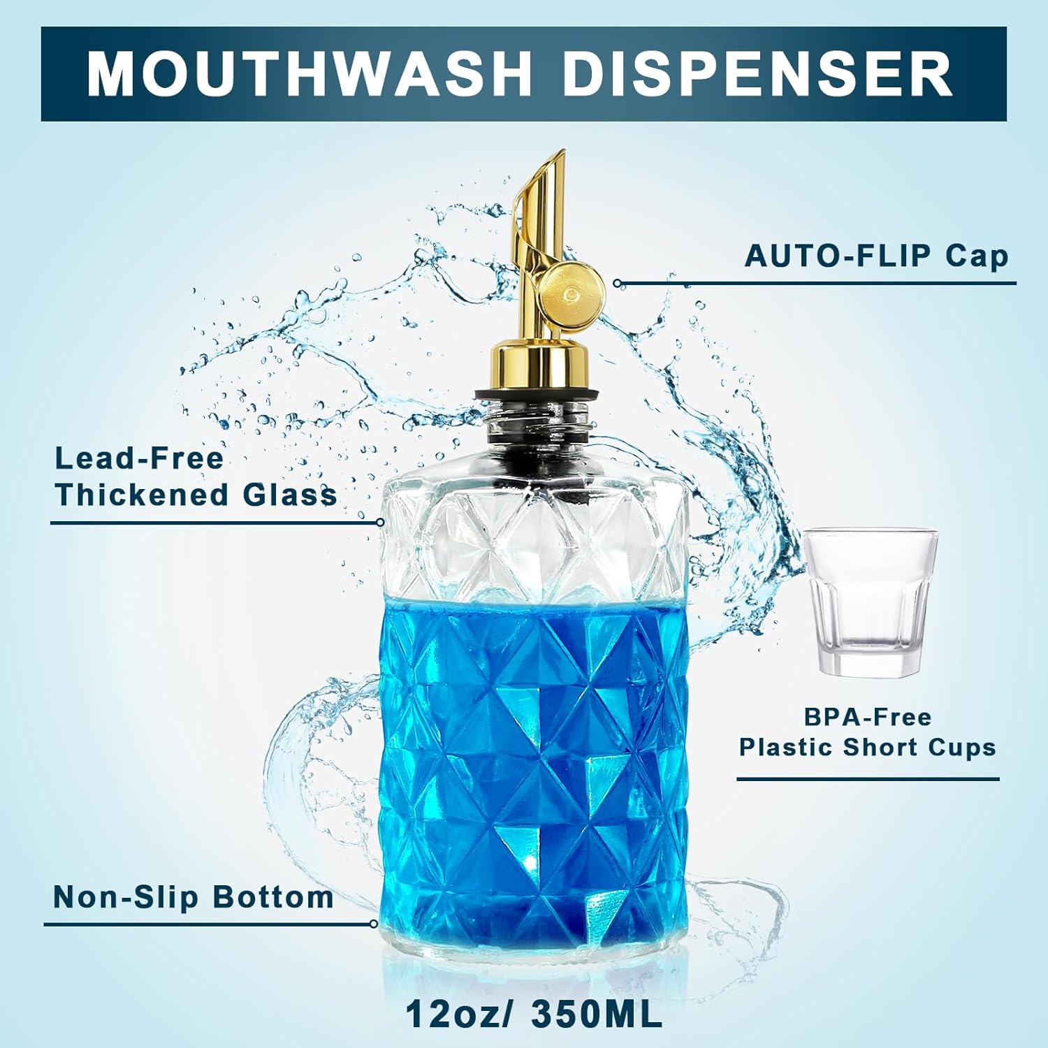 Mouthwash Dispenser for Bathroom, Luxury Diamond Glass Mouth Wash Container, 1 Pack Glass Mouthwash Dispenser Bottles with Cup, Auto-Flip Mouthwash Decanter, 12 Fl Oz - Image 3
