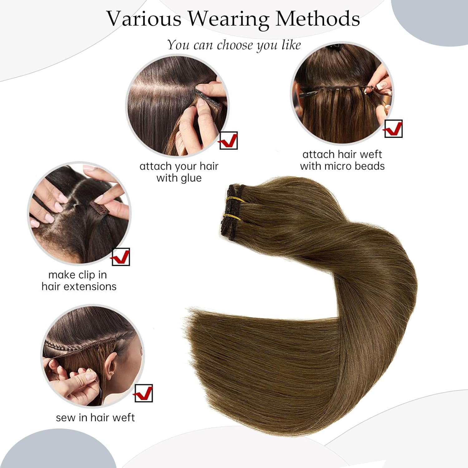 Ash Brown Hair Wefts Sew in Extensions Real Human Hair Wefts 12 Inch Hand Tied Weft Hair Extension Remy Human Hair Bundle Light Brown Sew in Weave Hair Extensions for Women 80G