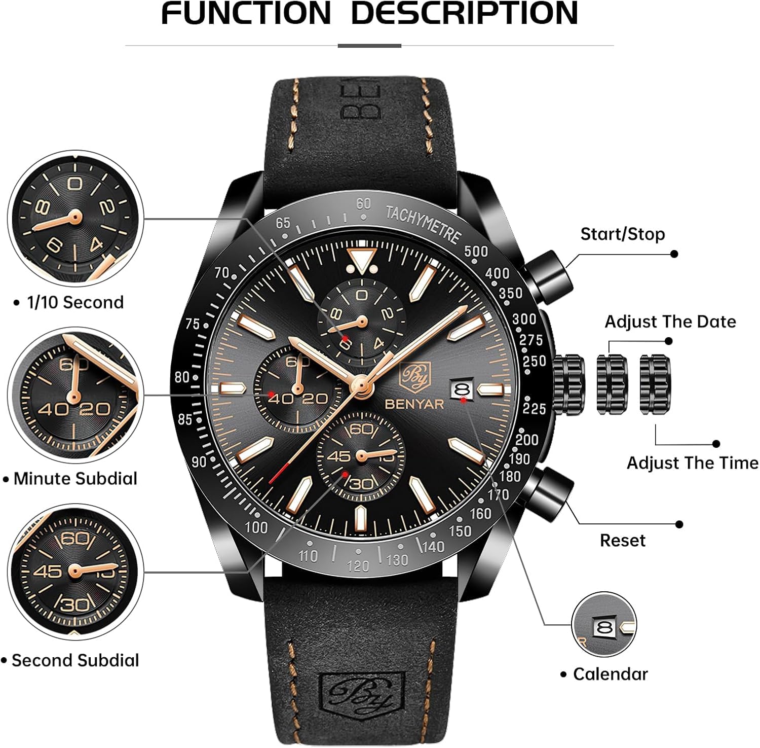 BY BENYAR Watch for Men Analog Quartz Chronograph Waterproof Luminous Designer Mens Wrist Watches Business Work Sport Casual Dress Watch with Silicone Strap Elegant Gifts for Men - Image 7