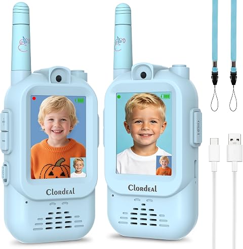 Video Walkie Talkie Niños Largo Alcance Recargable, Juguetes Niño 3-12 Años, Pantalla LCD 2", Videollamada, 6 Efectos Voz, Cámara, 23 Emoticonos, Azul, Pack de 2