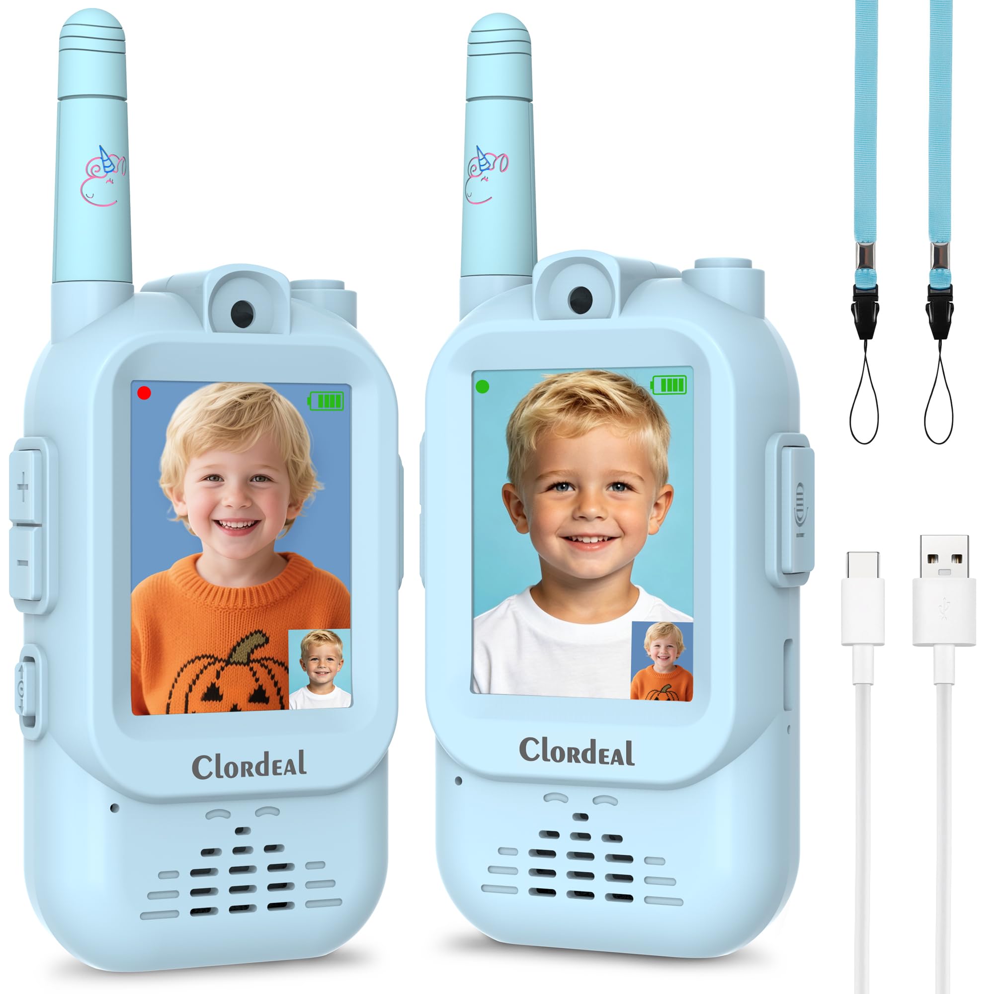 Clordeal Video Walkie Talkie Bambini Lungo Raggio Ricaricabile, Regalo Bambino 3-12 Anni, Videochiamata, 6 Effetti Voce, 23 Emoticon, 12 Adesivi, LCD 2", Blu, Confezione da 2