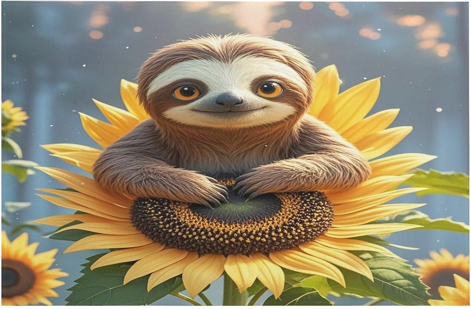 Cartoon Sloth Sitting on Sunflower Door Mat Comfortable Cushioned Kitchen Mats Non-Slip Washable Pet Rug Ultra-Thin Soft Rug Easy Clean Low Profile Mat for Indoor Living Room Bathroom Door