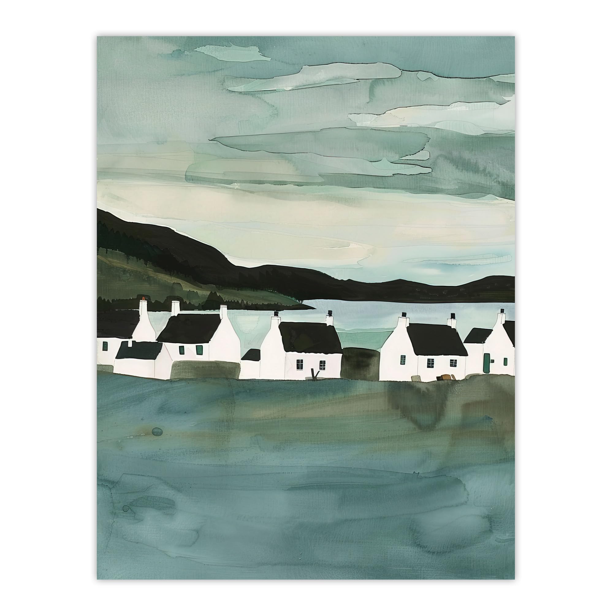 Artery8 Fisherman Cottages Scotland Seaside Watercolour Bathroom Toilet Large Wall Art Poster Print Thick Paper 18X24 Inch
