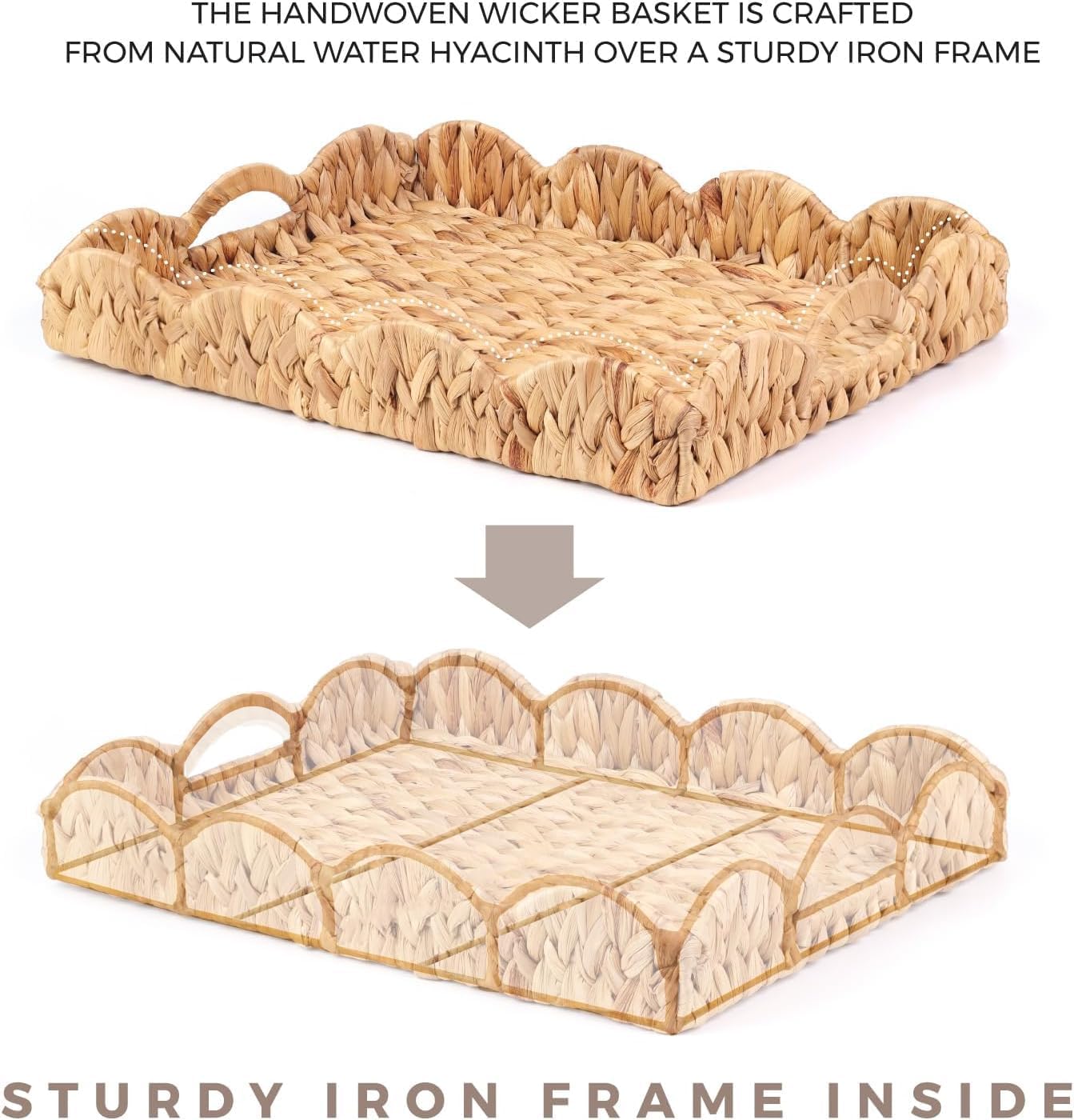 2Pcs - Scalloped Basket, Decorative Basket, Water Hyacinth Tray (17 x 13 x 3 inch - 2Pcs) with Scalloped Edge and Built-in Handles, Rectangle Serving/Woven/Basket/Seagrass Tray