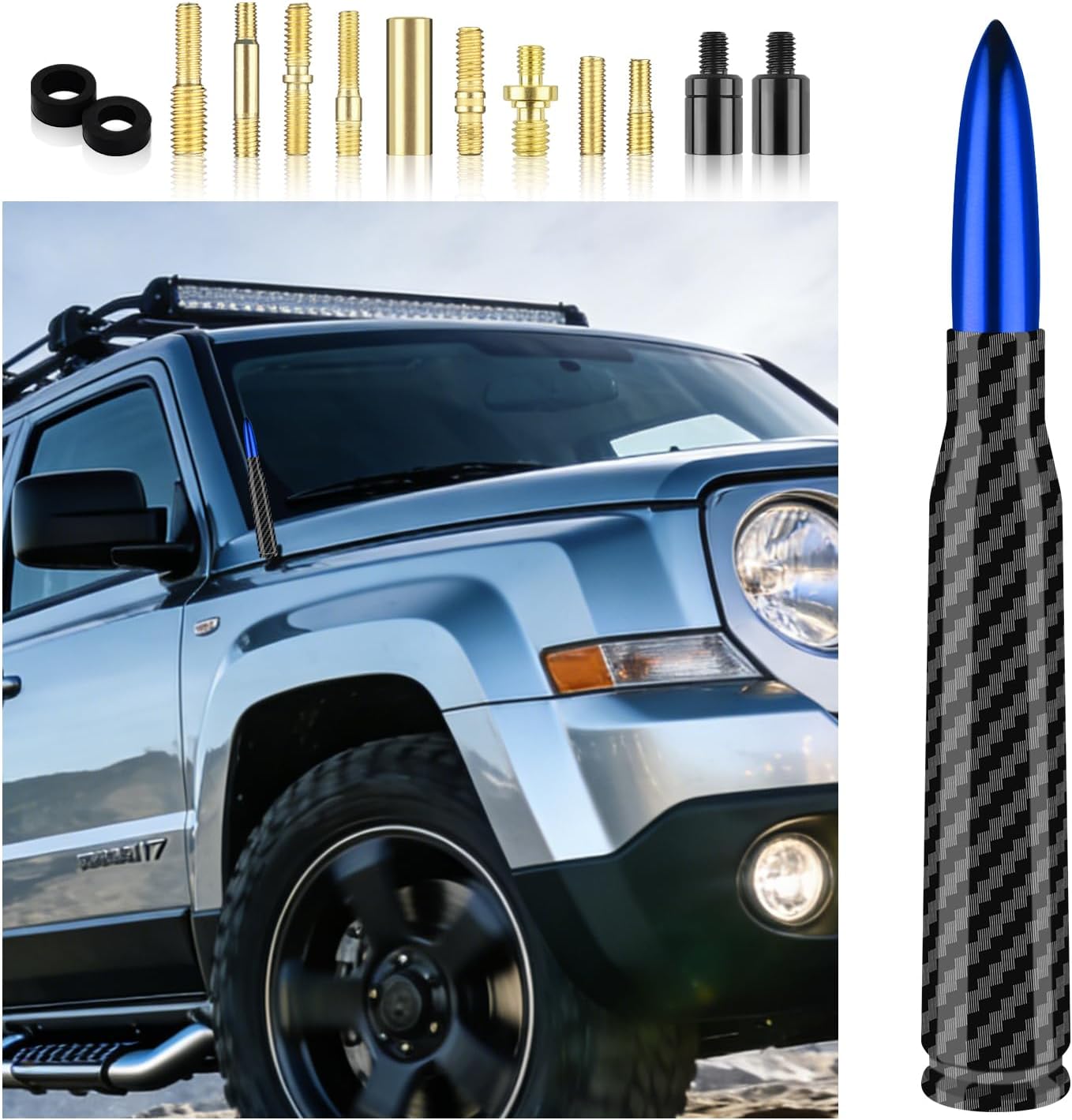 Car Bullet Antenna with 13 Car Antenna Replacement Accessories,Truck Antenna Decoration Compatible with Chevrolet Dodge Toyota GMC Jeep Ford (Blue)