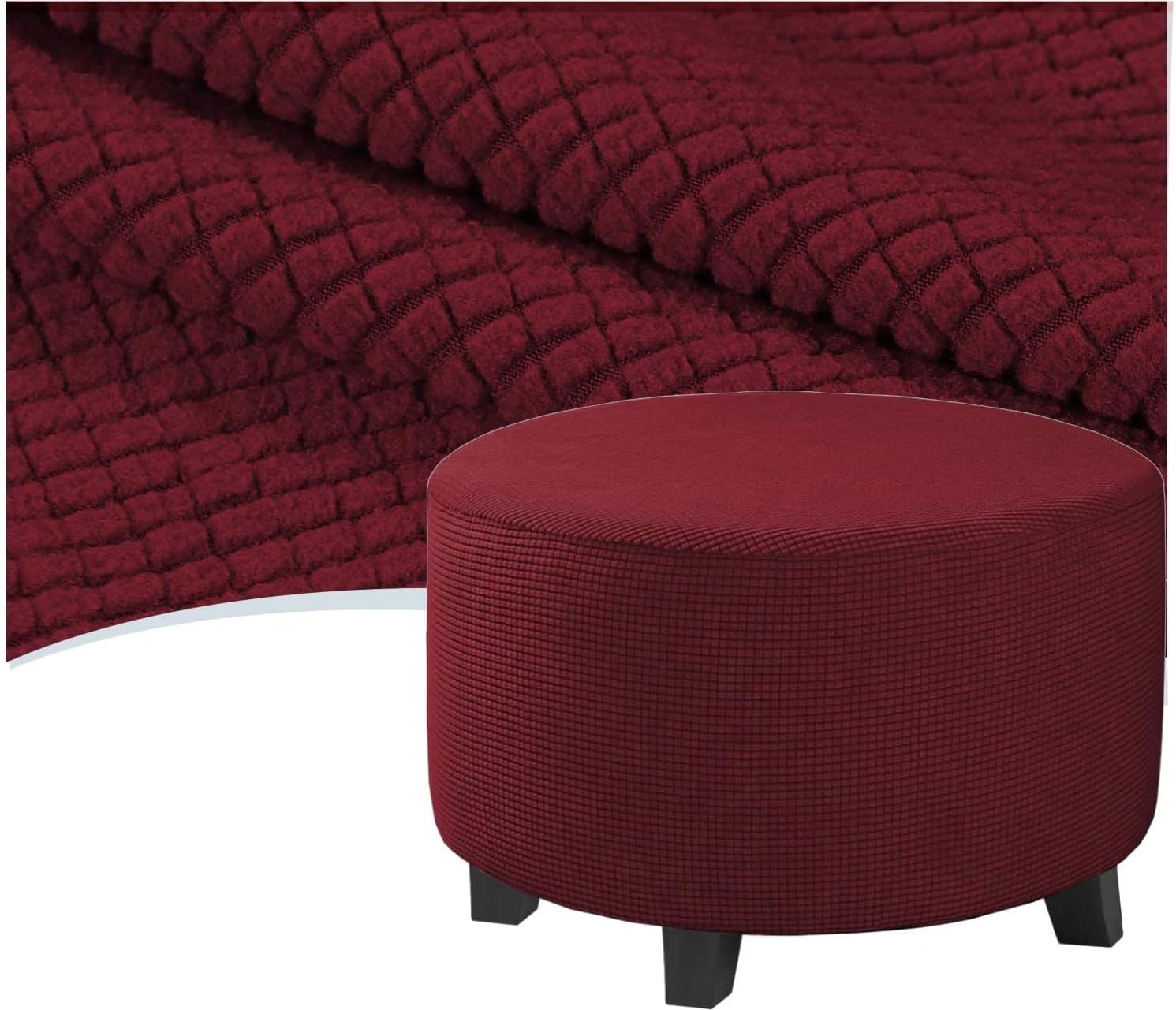 Ottoman Cover Round Small - Large, Stretch Ottoman Slipcover, Storage Stool Covers, Furniture Protector for Footrest Footstool Hassock Pouf with Elastic Bottom(Wine RED,Diameter 75cm)