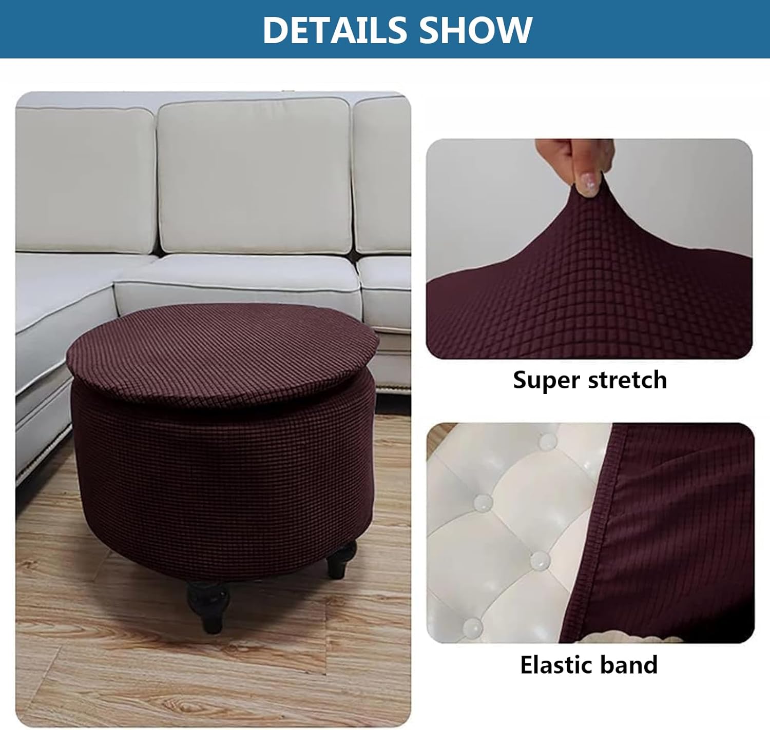 Round Storage Ottoman with Cover Lid, Round Ottoman Covers Slipcover Jacquard Round Stool Cover for Living Room Bedroom (Coffee)