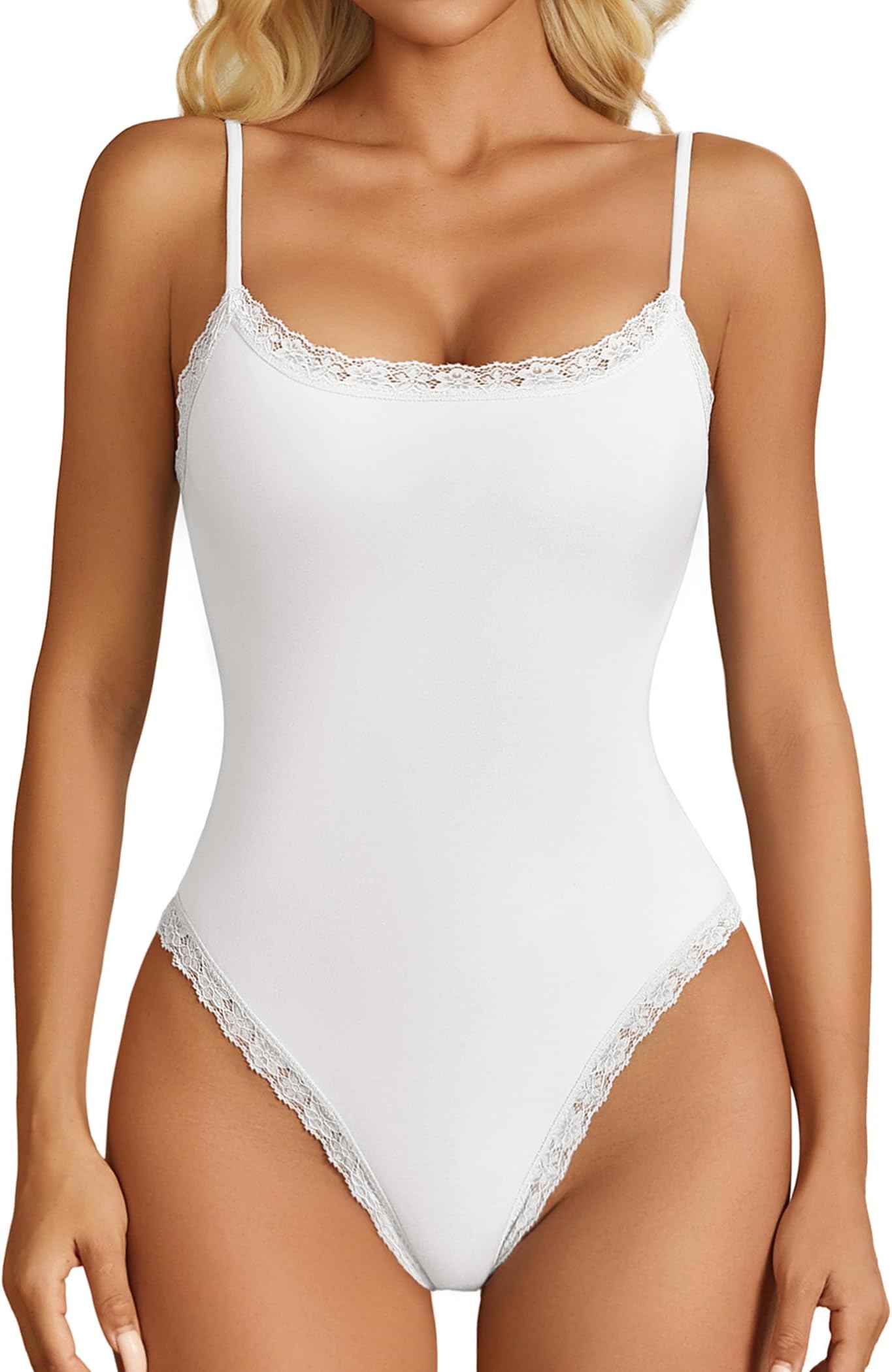 Women Square Neck Lace Bodysuit Sleeveless Spaghetti Strap Tank Top Body Suits