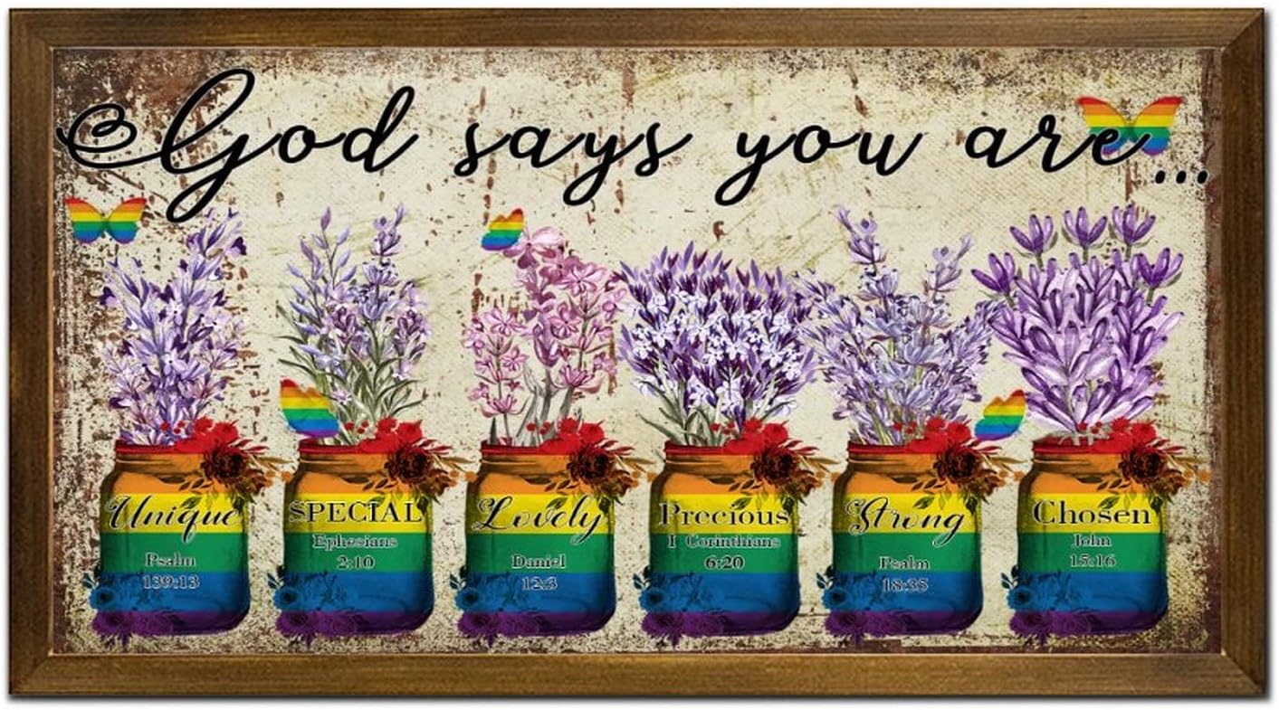 LGBT Religious Inspirational Wood Framed Sign God Says You are Wooden Art Wall Classic LGBTQ Cheer Up Wall Decor Farmhouse Rustic Wooden for LGBTQ Queer Gay Lesbian 12x22 in