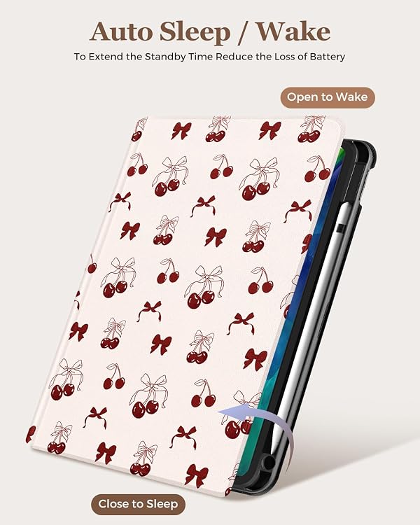 Wazzasoft for iPad Air 11 Inch M3/M2,for iPad Air 5th/4th,for iPad Pro 11 Inch(4th/3rd/2nd/1st Gen) - Smart Folio Case (Auto Wake/Sleep) with Build-in Pencil Holder for Apple Tablet,Bow Cherry by Wazzasoft - Used condition - Image 4